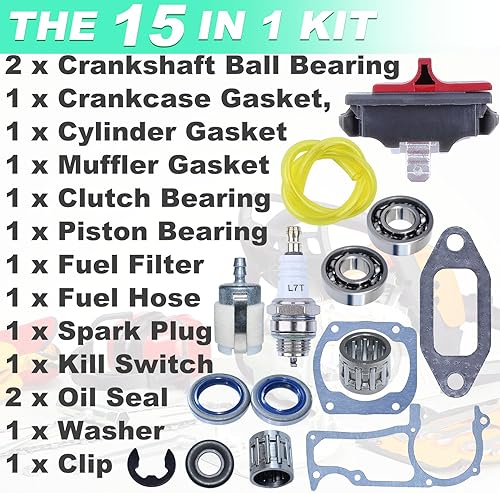 Miniatura 5 de Junta de mufla del cárter del cilindro de la motosierra, sello de aceite, cojinete de bolas del cigüeñal, kit de 15 piezas para Husqvarna 362 365