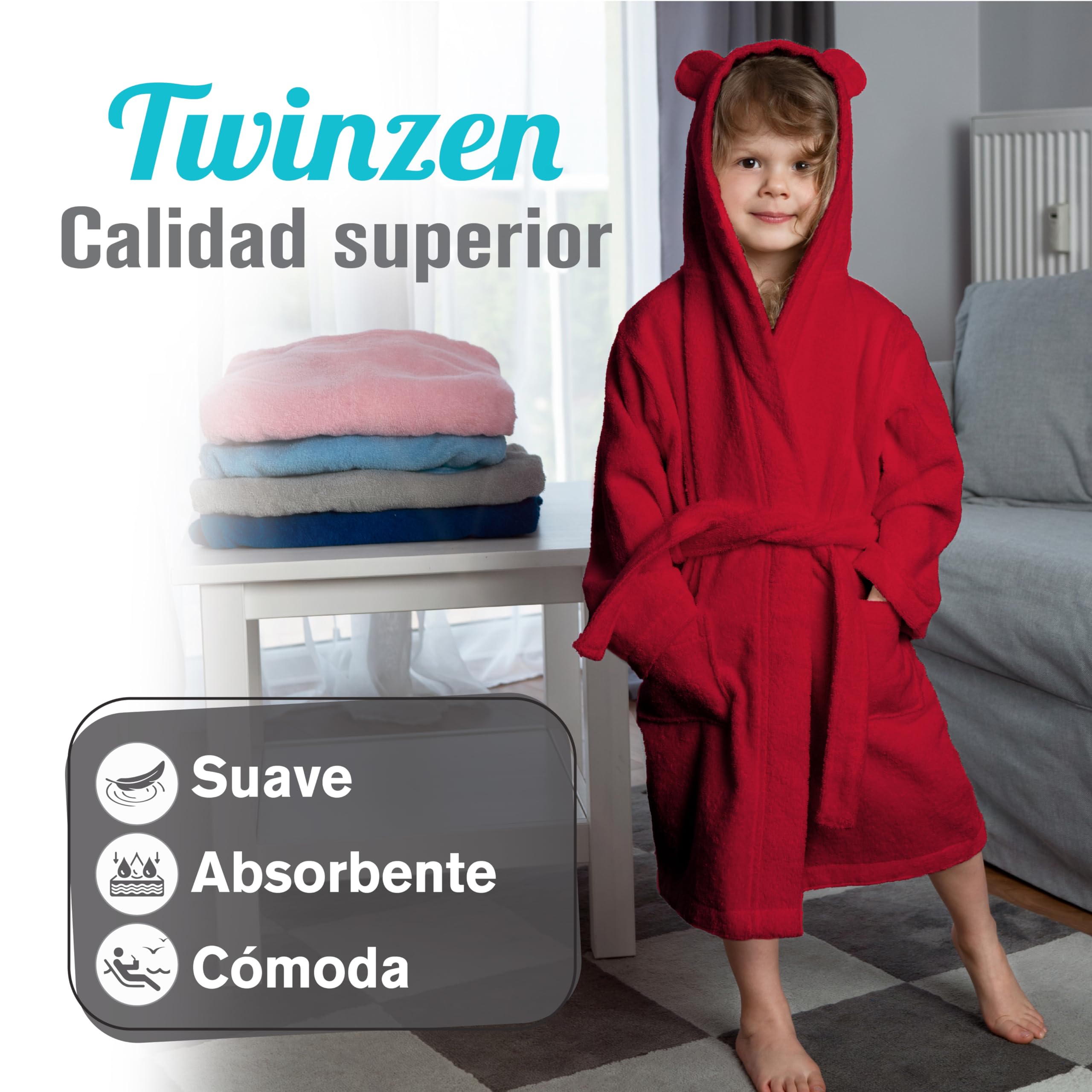 Albornoz Niños Algodón OEKO-TEX® Bata de Baño 2 Bolsillos Cinturón Capucha