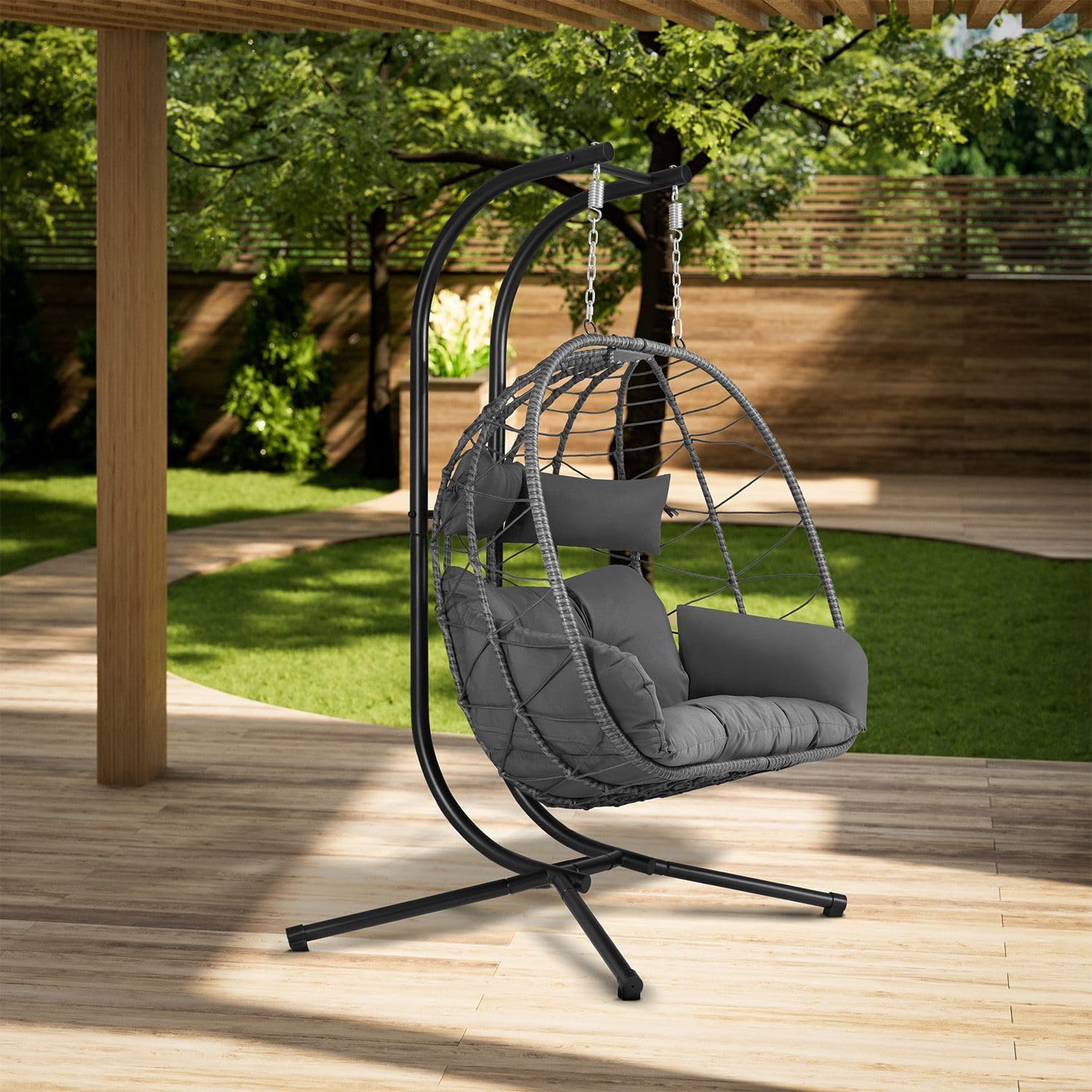 Juskys® Sillón colgante doble Aria – Silla colgante de poliratán con estructura y cojín – columpio para dos personas – Sillón exterior interior – cesta XXL gris