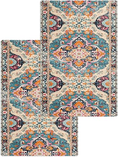 Juego de 2 toallas de cocina de tejido de punto gofre de algodón, naranja, azul, rosa, floral, bohemio, oriental vintage, de 16 x 24 pulgadas,