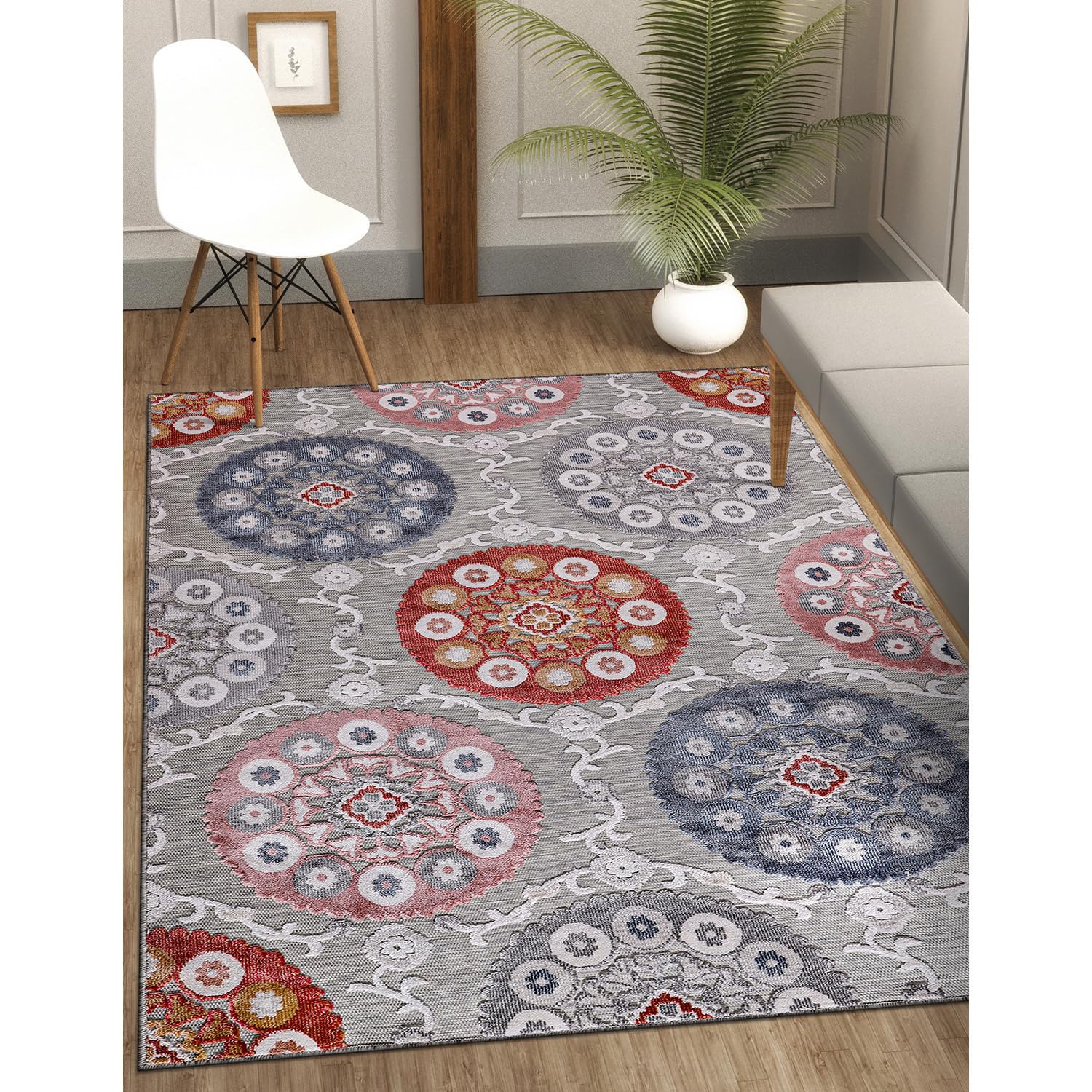 CAMILSON Indoor/Outdoor Rug 5x7 Bohemian Medallion Floral Area Rugs for Indoor and Outdoor Patios Easy-Cleaning Non-Shedding Living Room Garden and Kitchen Washable Outside Carpet (5 x 7 / Multicolor)