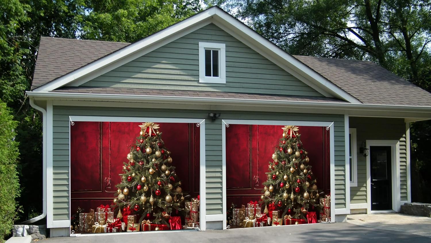 7x8ft Christmas Tree Garage Door Decor Retro Red Wall Golden Sphere Ornaments Festive Presents Gifts Festivals Garage Door Cover for Family Holiday Photo Shoot Studio Props