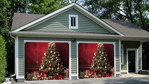 Miniatura 2 de Árbol de Navidad de 7 x 8 pies, decoración retro para puerta de garaje, decoración de pared roja, adornos de esfera dorada, regalos festivos,