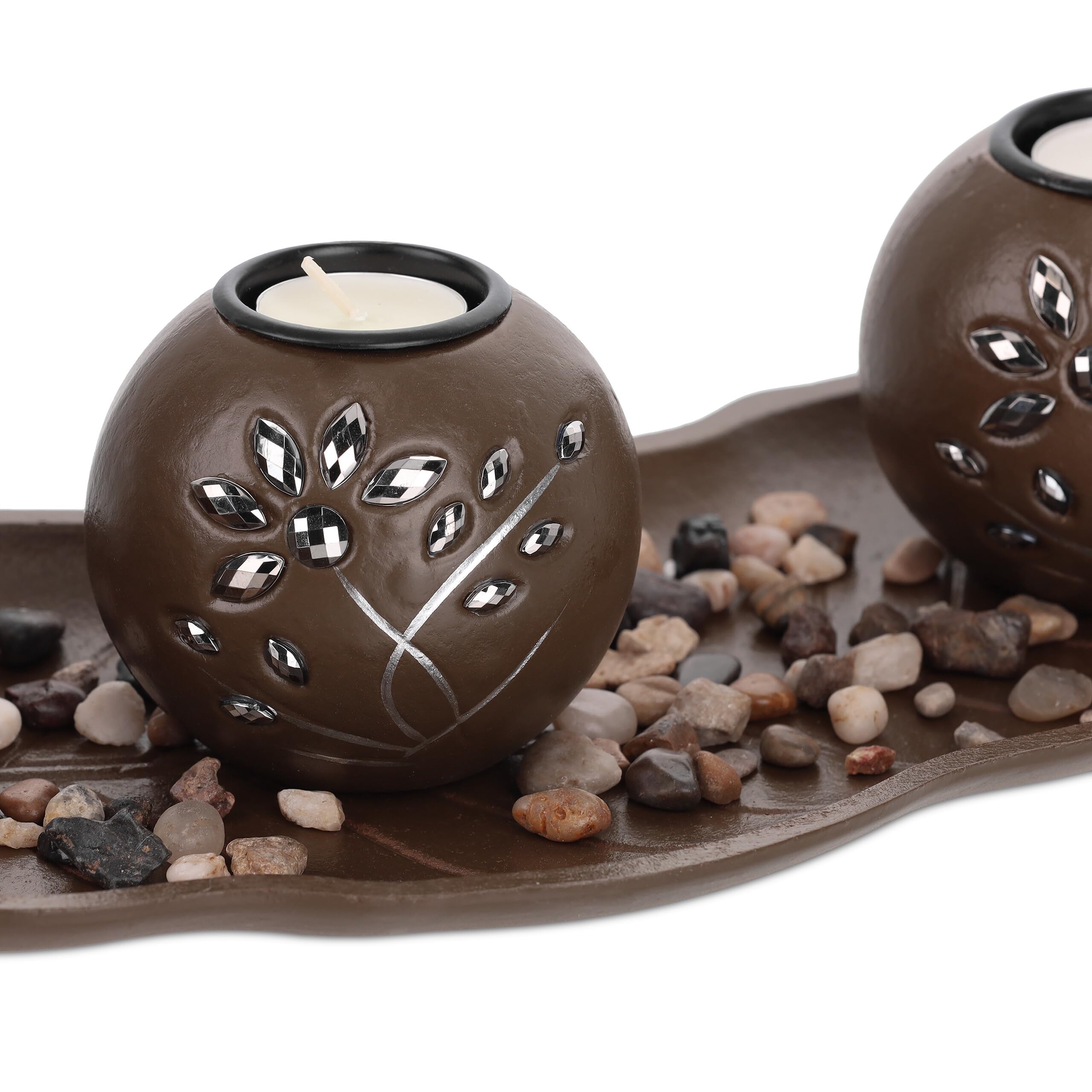 Relaxdays Set Portavelas con Bandeja y Piedras Decorativas, 50,5 cm de Largo, 3 Velitas, Decoración de Mesa, Marrón