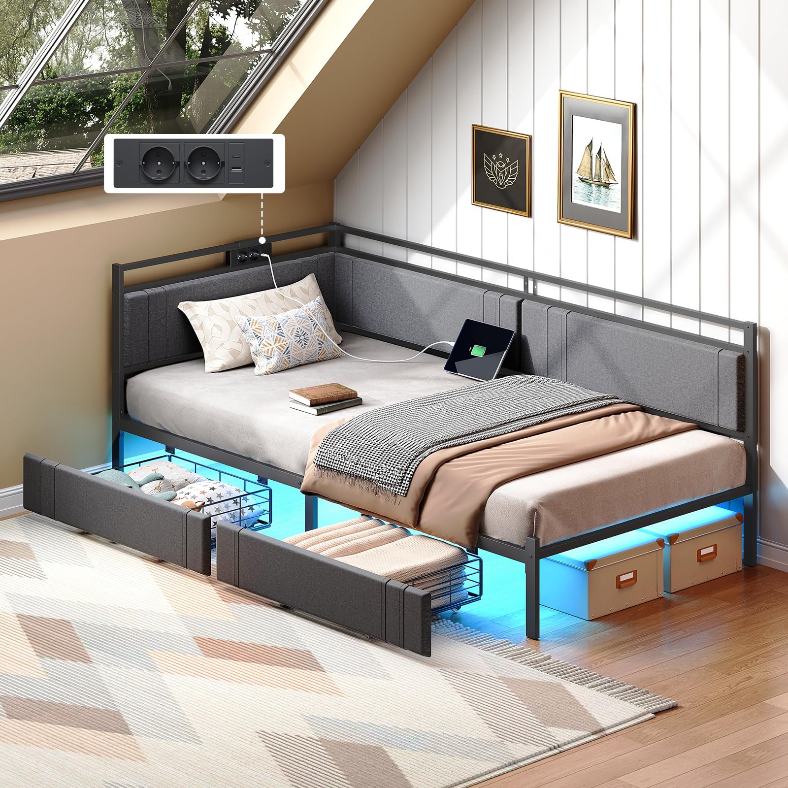 HOOBRO Polsterbett Schlafsofa 90x200, Jugendbett mit LED-Beleuchtung und USB-Ladestation, Tagesbett mit 2 Schubladen und Lattenrost, Gästebett, Einzelbett, Grau und Schwarz EBG81CDBF01