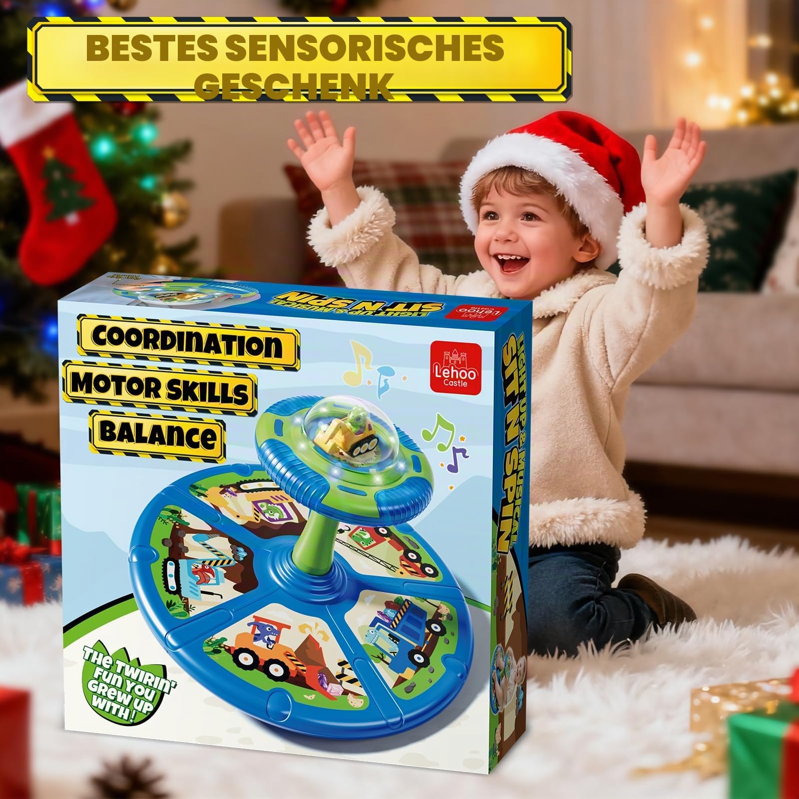 Lehoo Castle Dino Drehsitz Spielzeug Kinder, mit Licht & Musik | 360° Drehung, 3 Modi mit Licht & Sound, belastbar bis 59 kg, für drinnen & draußen, für Kleinkinder 1-6 Jahre