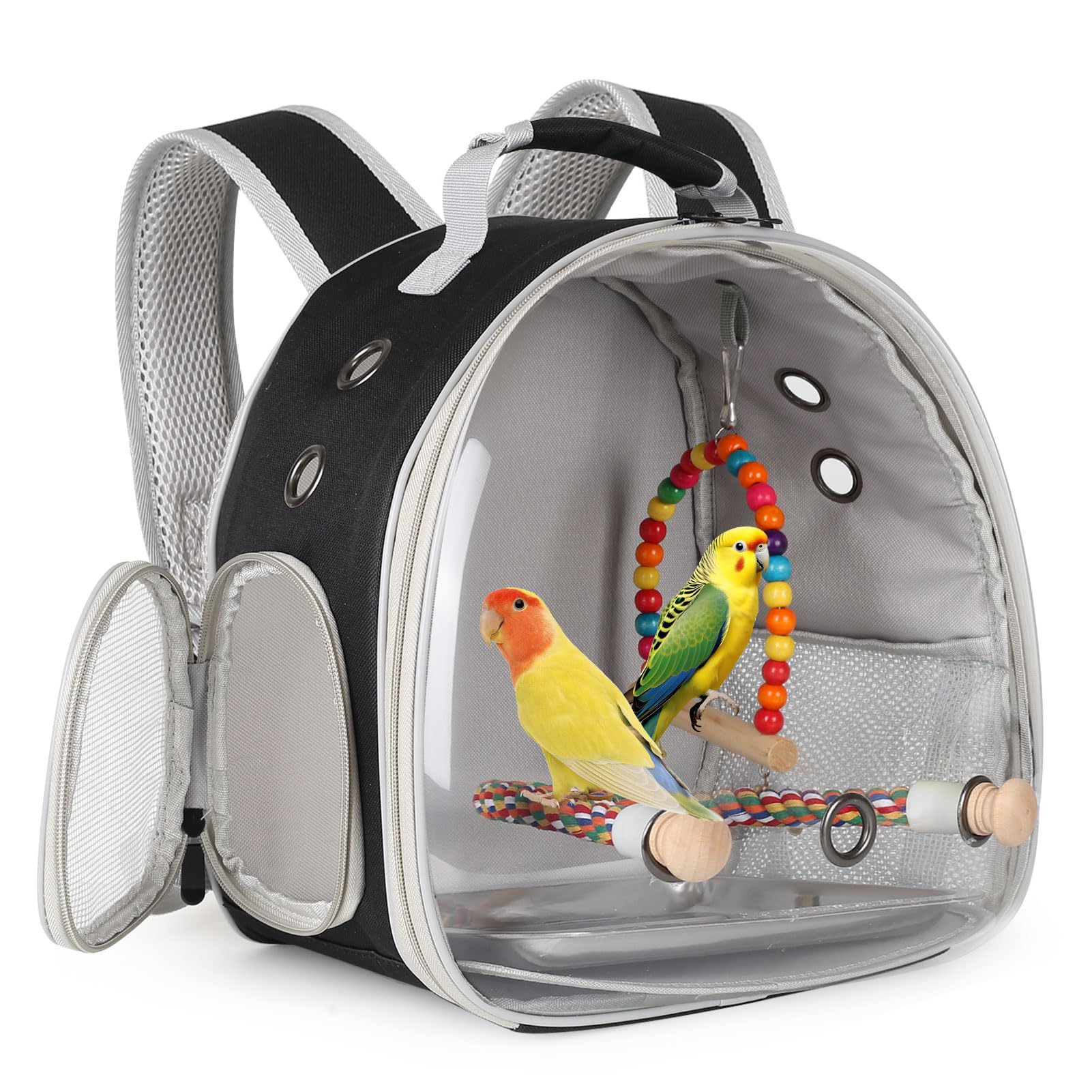 Portable Parrot Travel Cage Carrier with Small Swing Toy&amp;Cage Colorful Toys Set Small Bird Parakeet Bag with Standing Perch Bird Carry Transport Bag (Black, Backpack/Swing)