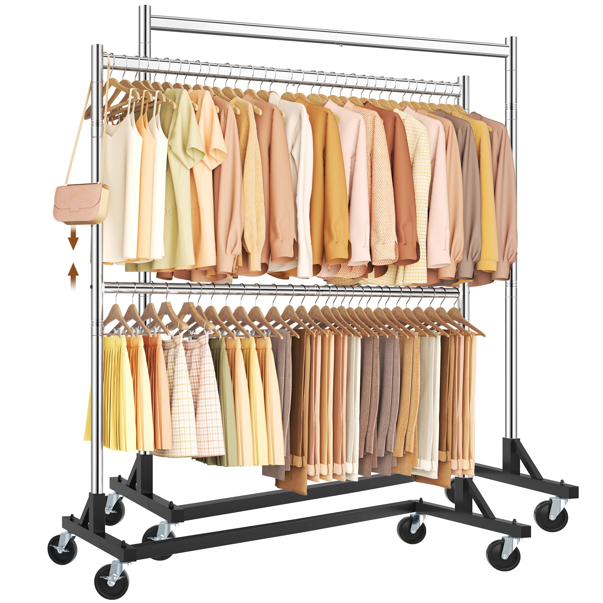 Hoctieon Double Rod Z Rack,Rolling Clothes Racks with Z-Base, Adjustable Clothing Rack, Standing Clothes Rack, Metal Clothing Racks for Hanging Clothes, Portable Garment Rack,Set of 2,Chrome