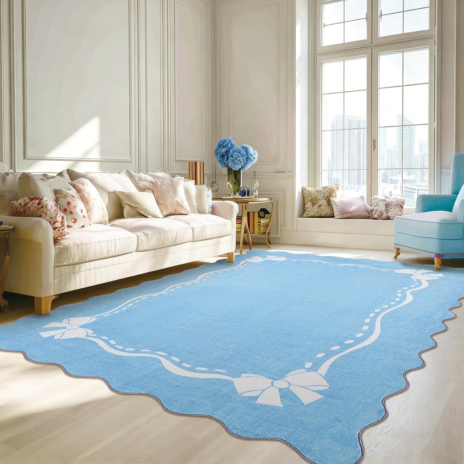 Scalloped Bow Runner Rug 2x6, Pink Washable Non-Slip Hallway Rug, Soft Cute Carpet Runner for Kitchen, Bathroom, Laundry, Entryway or Bedroom（Blue）