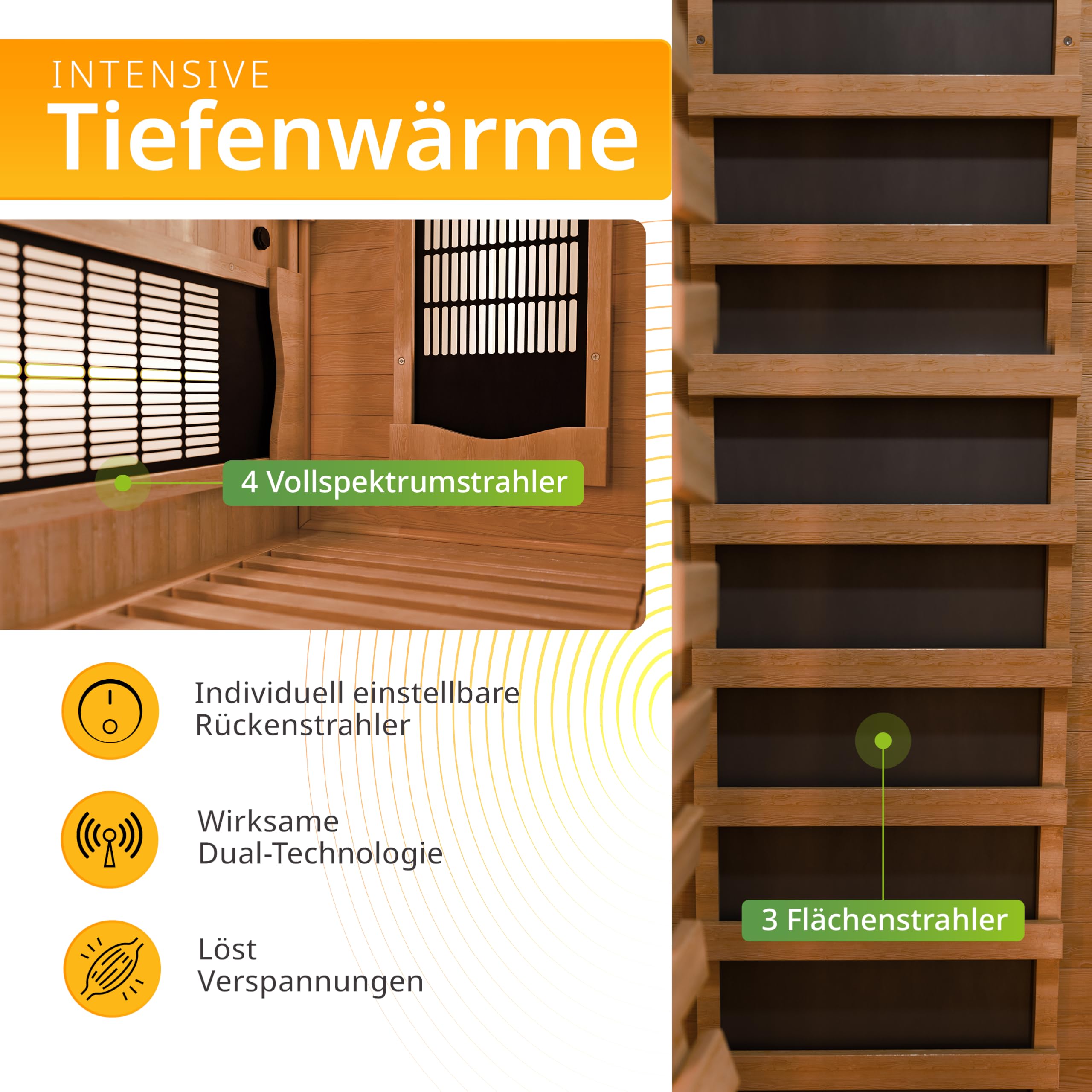 Artsauna Infrarotkabine Kiruna90 mit 4 Vollspektrum- & 3 Flächenstrahler, 1 Person, 90 x 90 x 190 cm, LED Farblicht & Glastür, Infrarotsauna Sauna
