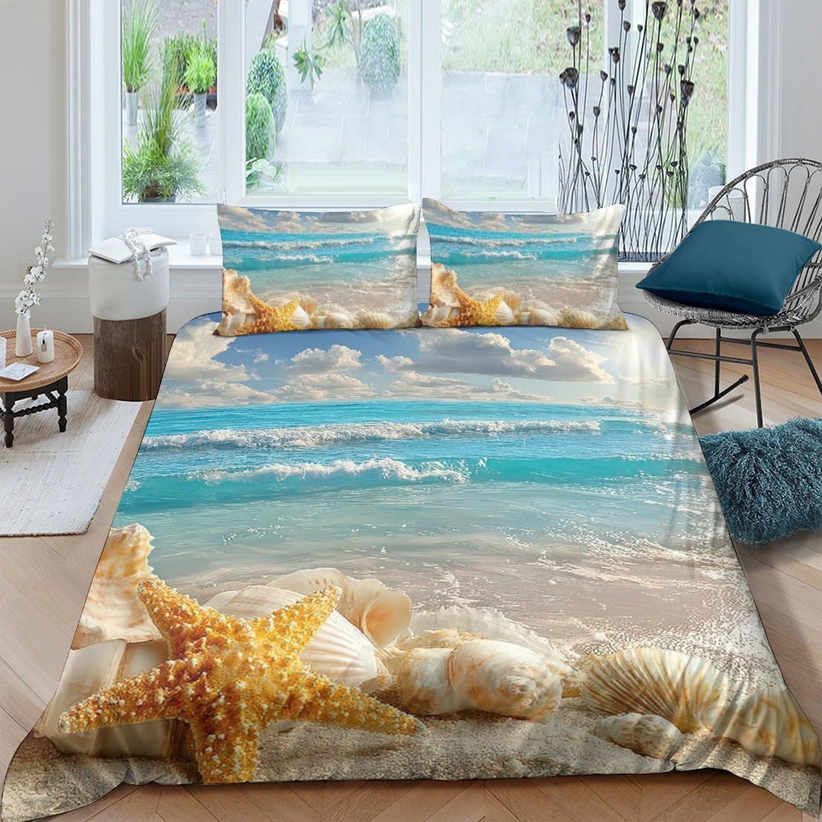 Ctjqhvkz Style-2 3D Printed Beach Ocean Fitted Sheet Microfiber Soft Breathable Starfish Seashell Mattress Cover For Bedroom Decor Single（135X200cm）