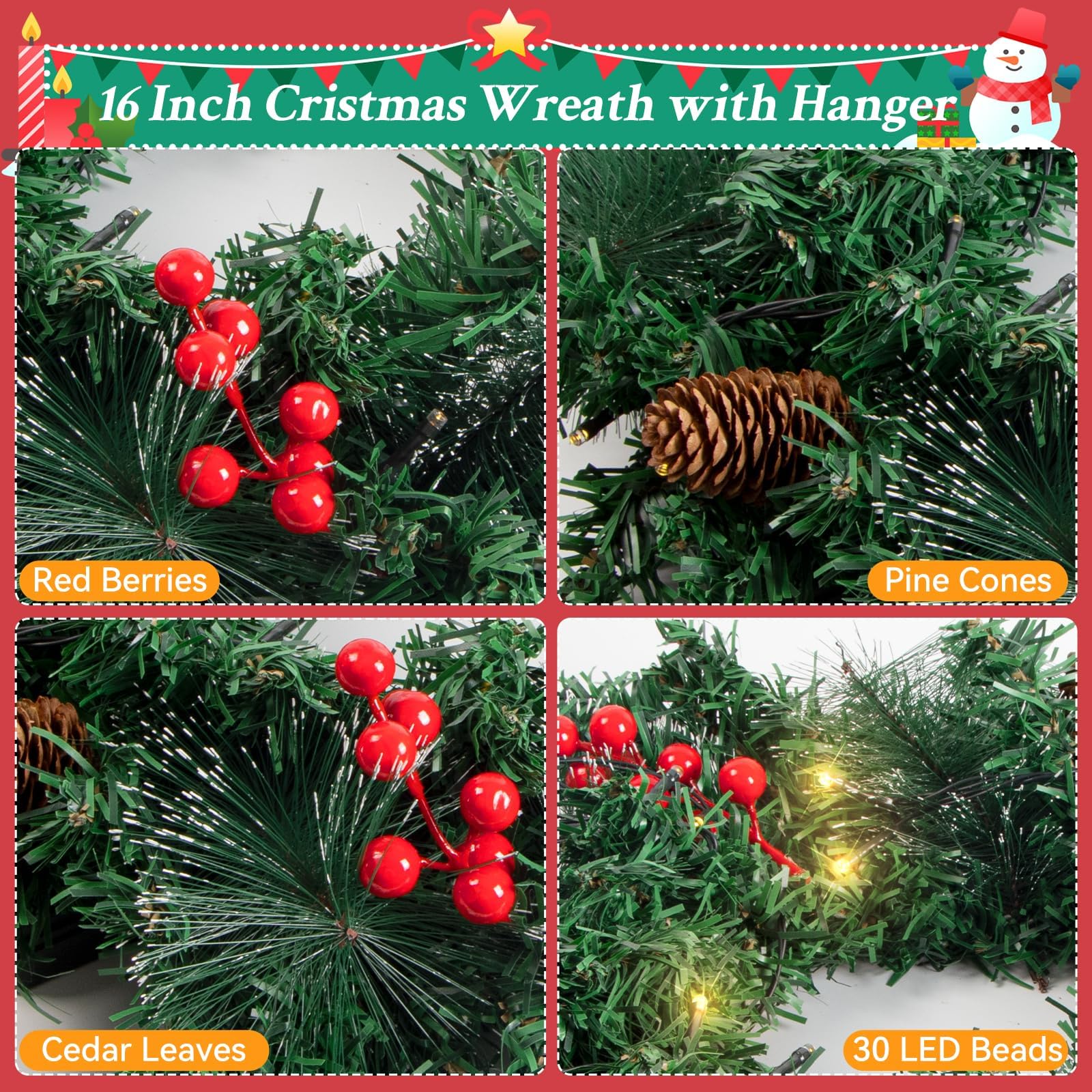16in Couronne de Noël, LED Guirlande de Noël 8 Modes Couronne de Porte de Noël Artificielle avec Pommes de pin, Baies Rouges, Décoration de Noël pour Porte, Fenêtre, Cheminée, Mur