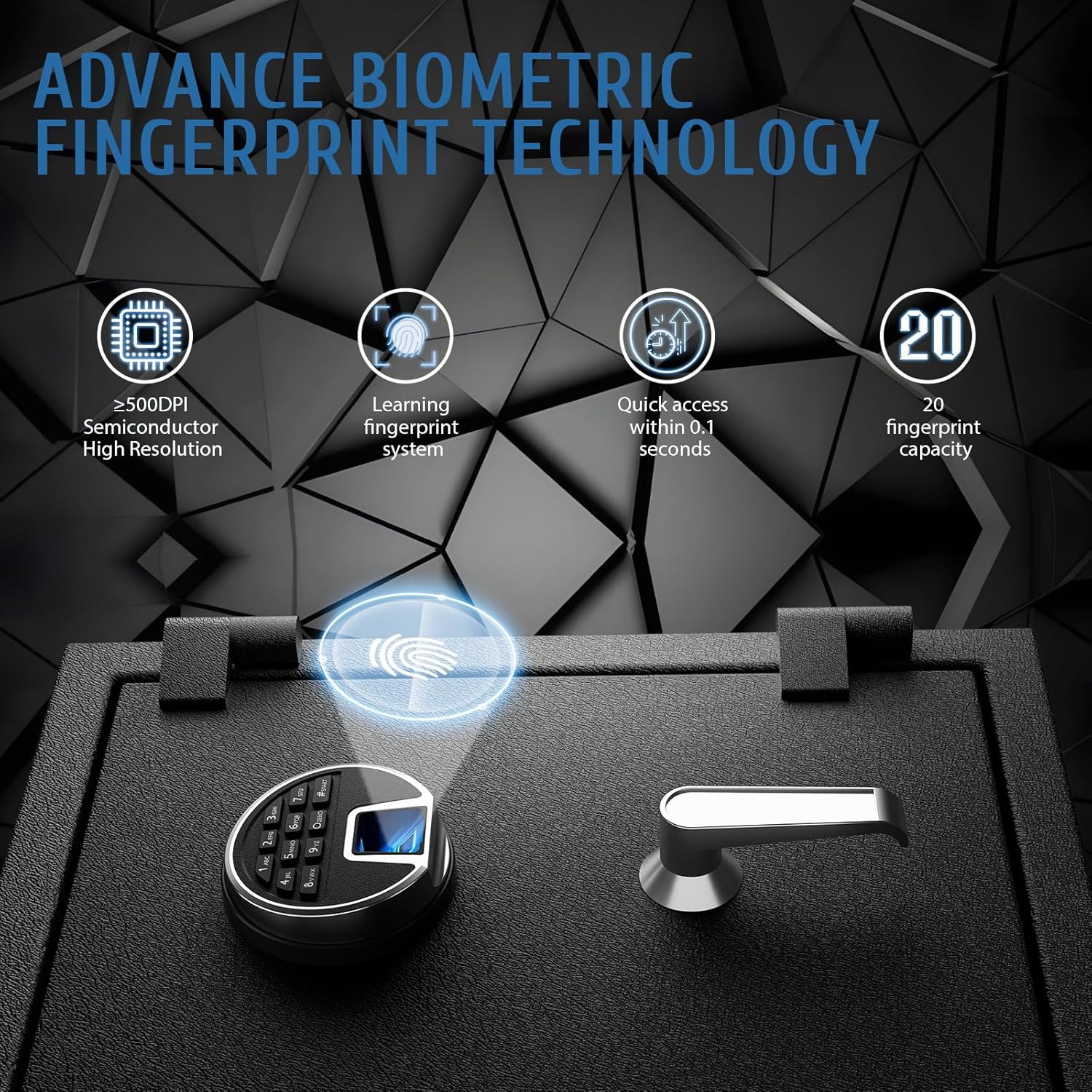 Illustration of advanced biometric fingerprint technology with high resolution sensor and quick access