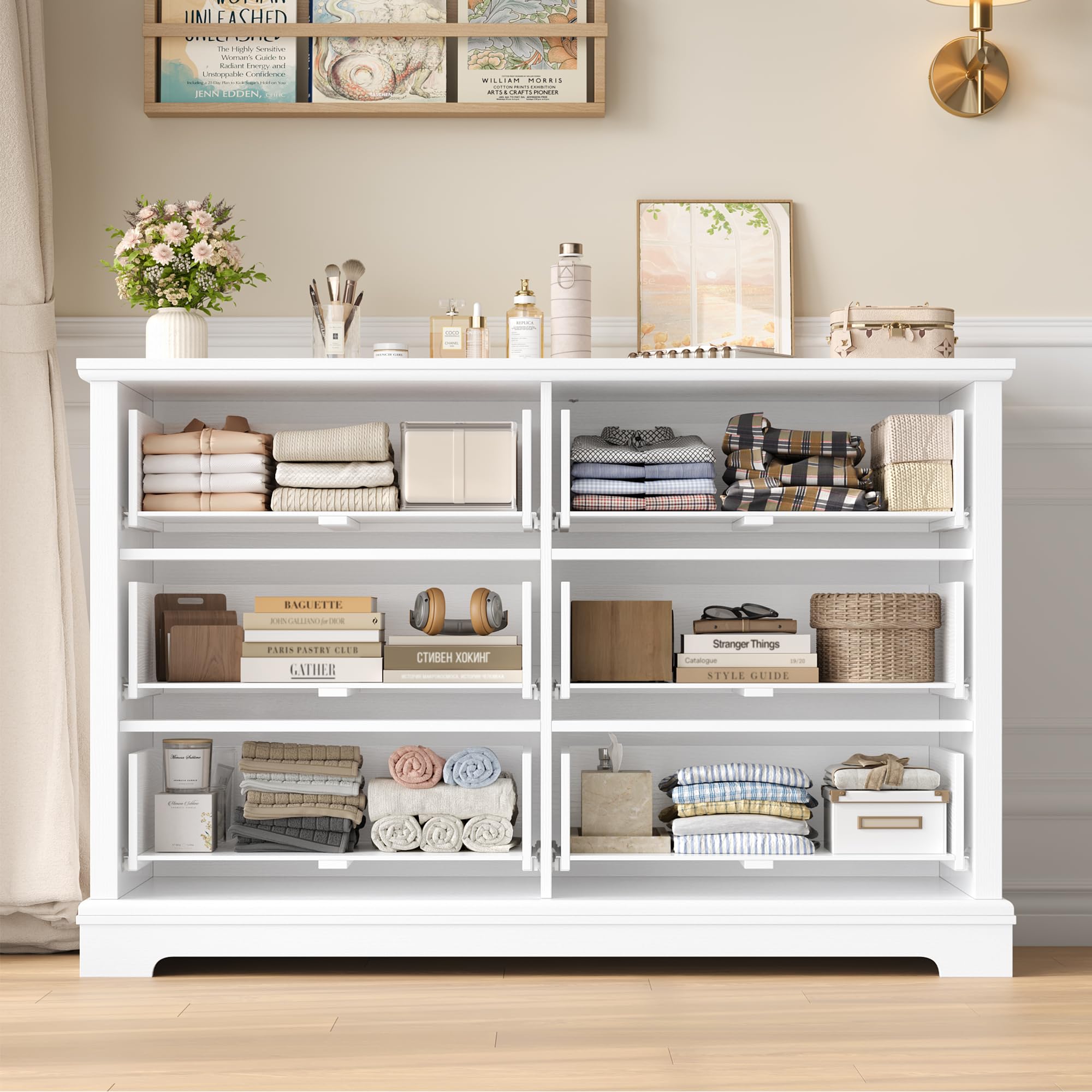 Cómoda de 120 cm de ancho para dormitorio con 6 cajones, aparador blanco con tiradores de anillo de metal, para cocina, dormitorio, sala de estar, moderno, 120 x 39,5 x 84 cm (blanco)