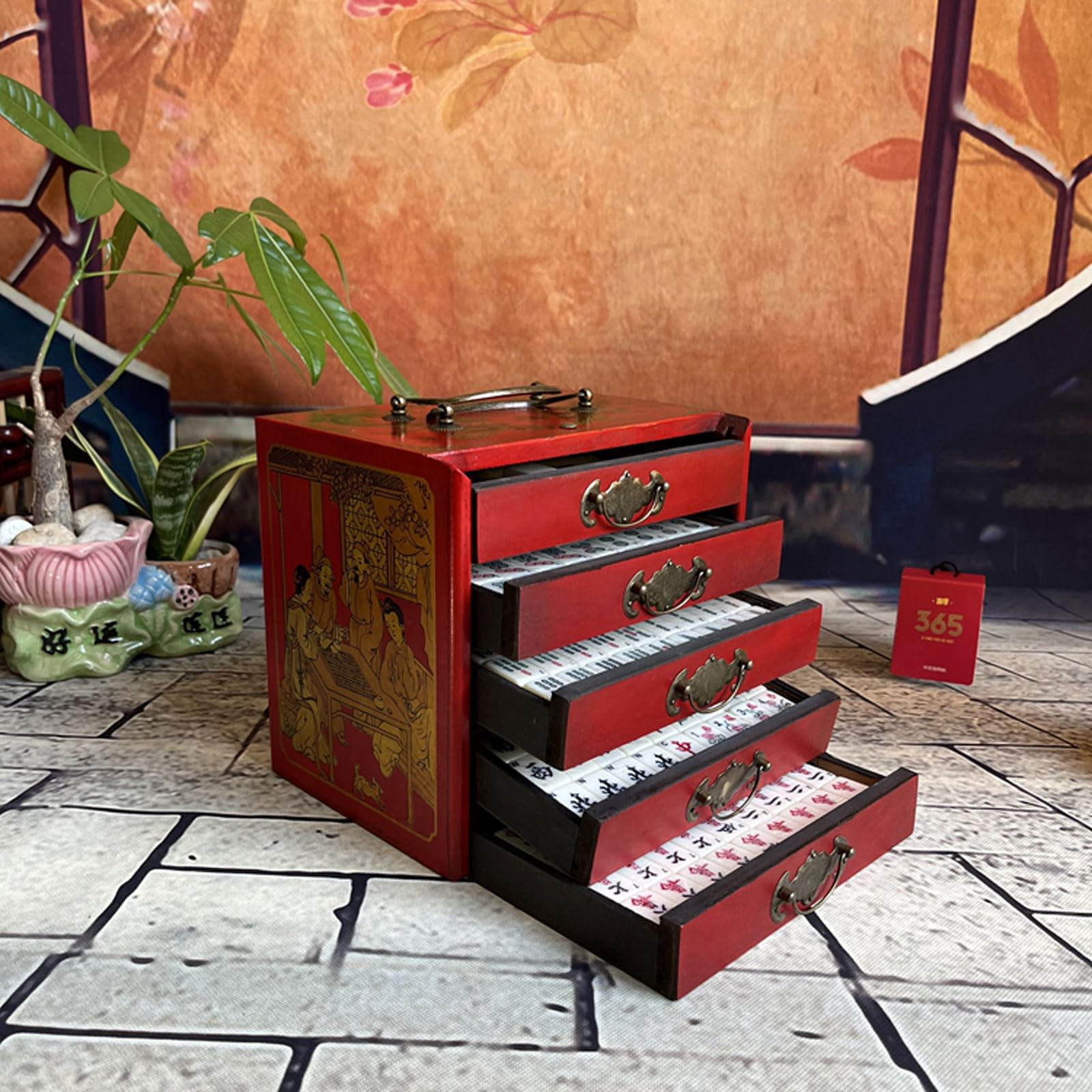 Mahjong rétro de Blissbuilt, jeu de Mahjong Chinois Professionnel avec 144 Tuiles et 2 Dés, ensemble complet de jeu de majong avec étui de Transport, les jeux familiaux