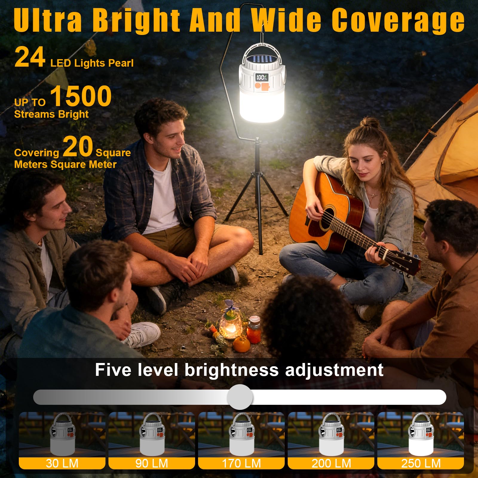 Lanterne Solaire de Camping, Lampe Camping Rechargeable Solaire pour Eclairage Extéieur, Portable Lampe de Camping Imperméables IP54, pour Camping,Excursions, Secours, Pêche, Cave