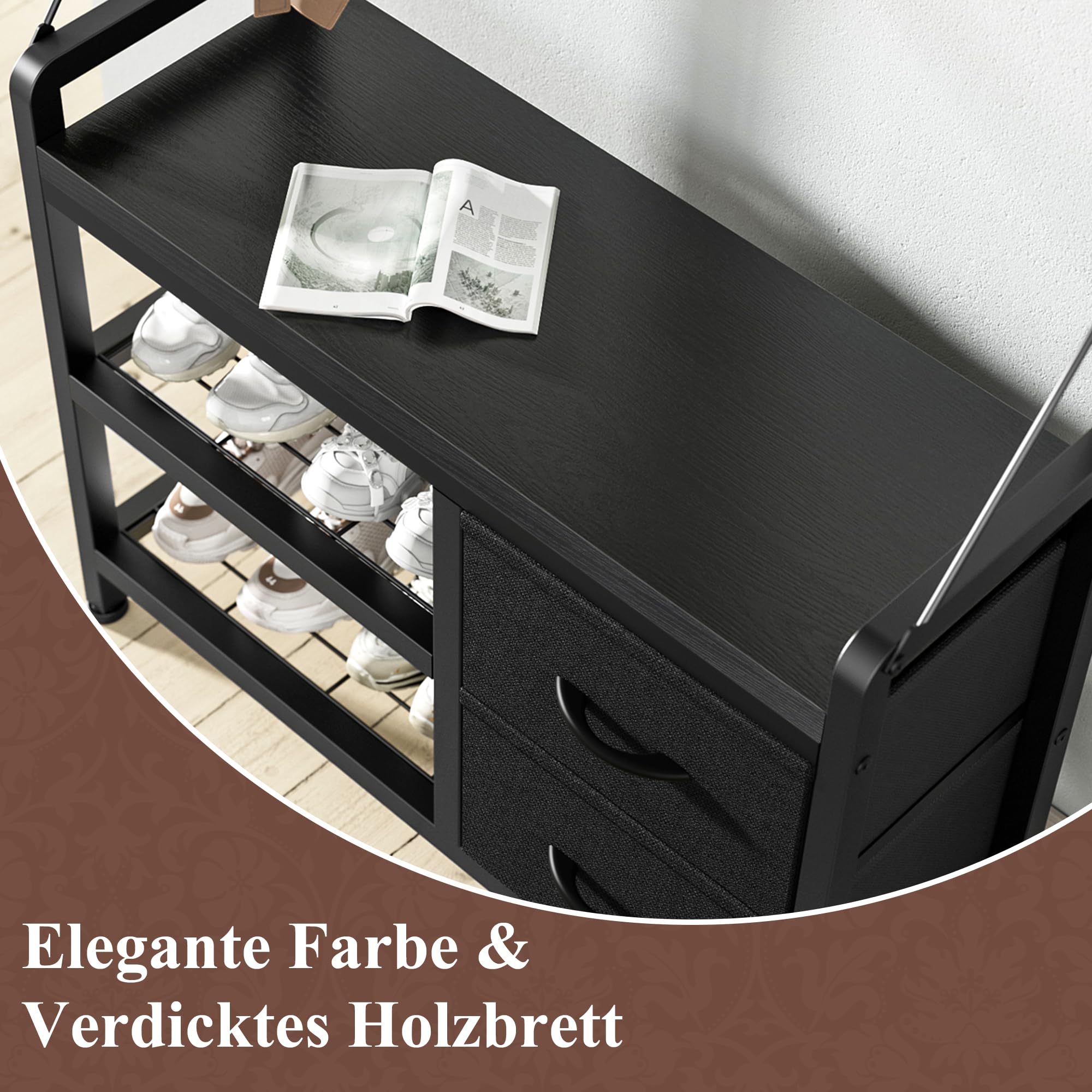 Garderobenständer, Schuhregal mit Sitzfläche und 2 Schubladen, Kleiderständer mit 17 Abnehmbaren Haken, 5 In 1 Design, Metallrahmen, für Flur, Wohnzimmer, Eingänge (Schwarz)