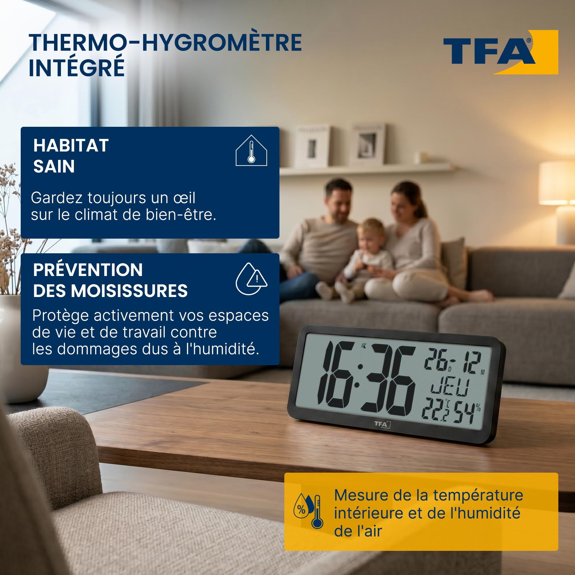TFA Dostmann Horloge murale numérique geante XXL, 60.4525, avec température et humidité intérieures, avec calendrier, pour le bureau, les seniors, la cuisine, radio-pilotée, avec fonction réveil, noir