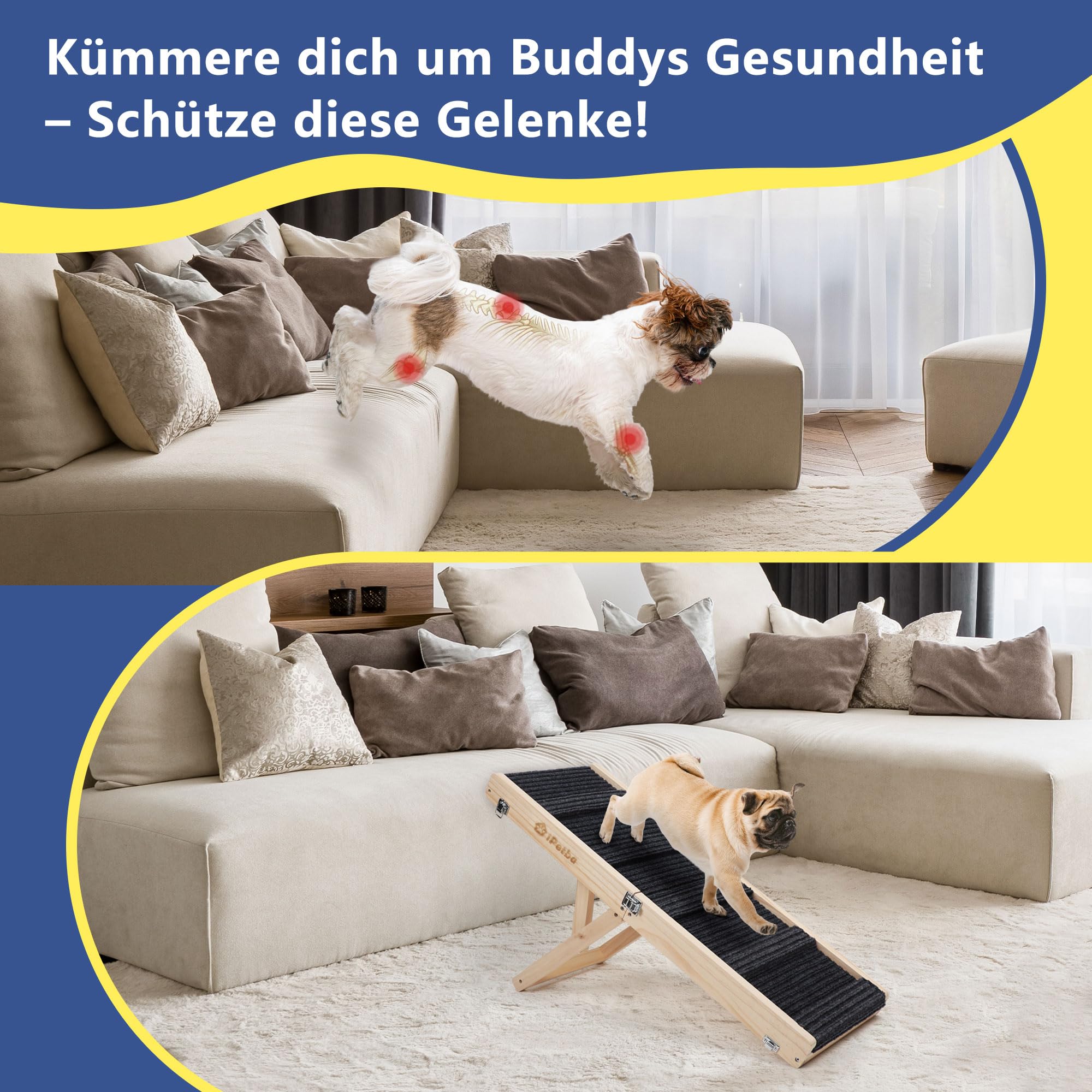 Hunderampe für Sofa und kleine Hunde bis 16 kg, Rampe für Couch und niedrige Möbel, aus Holz, höhenverstellbar, klappbar, rutschfest