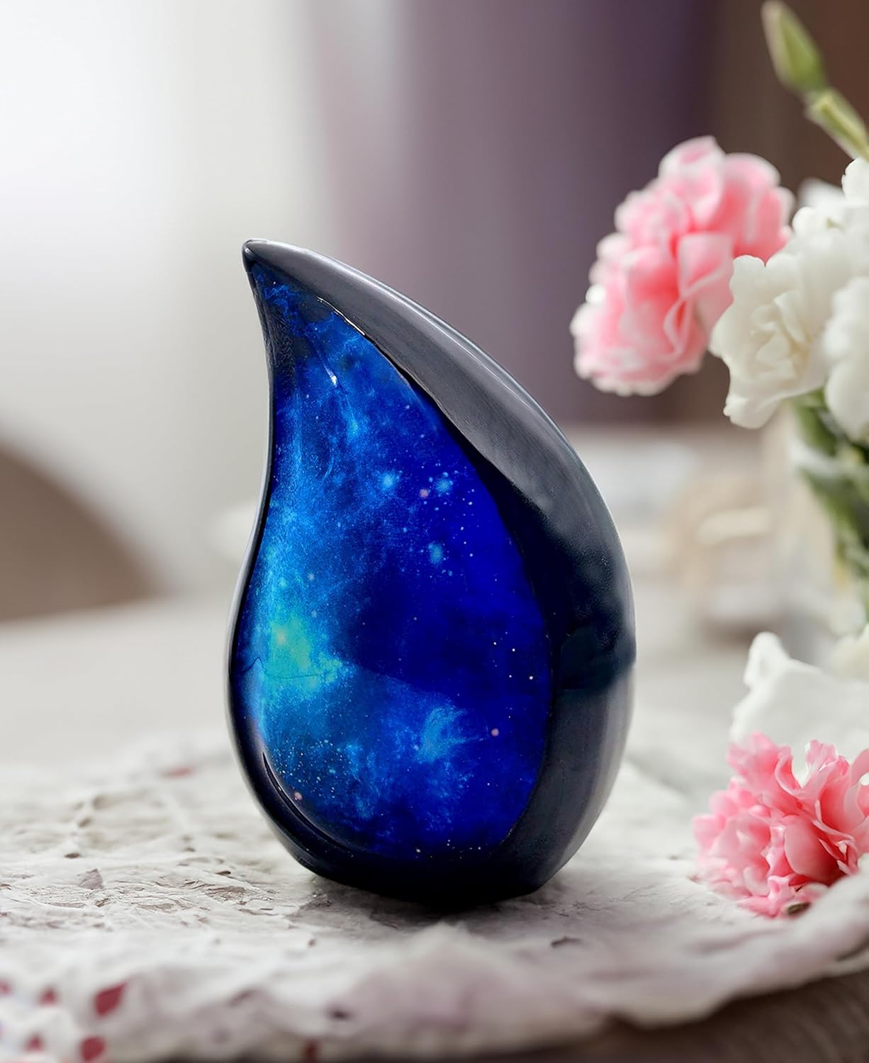 Galaxy Teardrop Funeral Cremation Urn with Velvet Bag, Metal Keepsake Urn for Adults, Large Urns for Human Ashes, Memorial Urns for Women, Blue Starry Sky 10 Inch (Capacity 200 Cubic Inches)