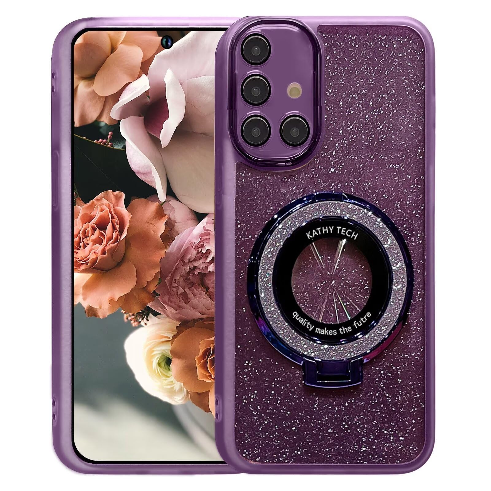 Transparent Glitter Case for Samsung Galaxy A71 4G,Magnetic Ring Holder Bling Sparkle Girl Women Clear Silicone TPU Shockproof Phone Case Cover for Samsung Galaxy A71 4G-Purple