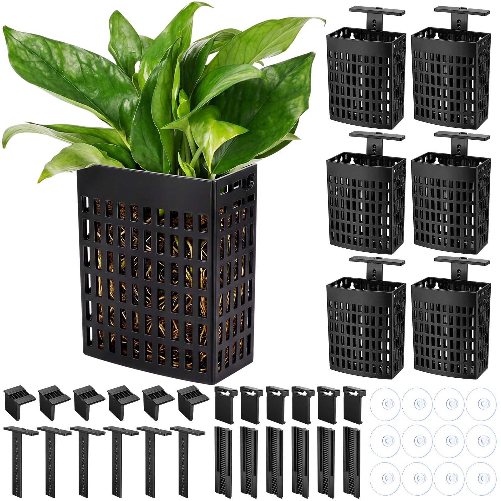 Mifoci 6 Pack Aquarium Plant Holder Adjustable Height with Suction Cups Extendable Hook Hanging Live Aquarium Plants Holder for Fish Tank Aquaponic Cultivation and Aquascape Decoration(Black)