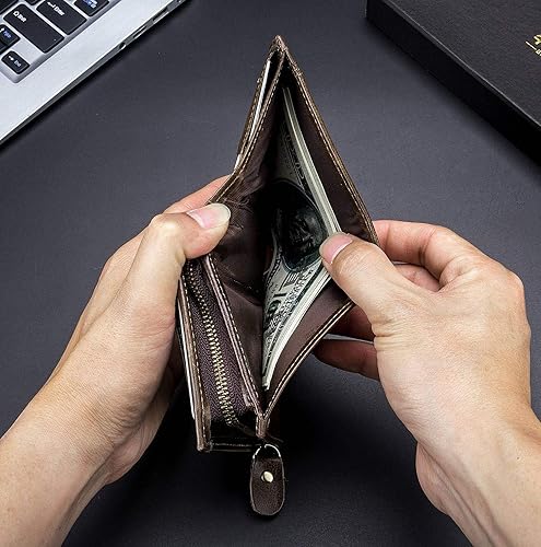 Miniatura 7 de BULLCAPTAIN Billetera con bloqueo RFID para hombre, de cuero, estilo vintage, plegable, con cremallera, Marrón, Cartera Rfid