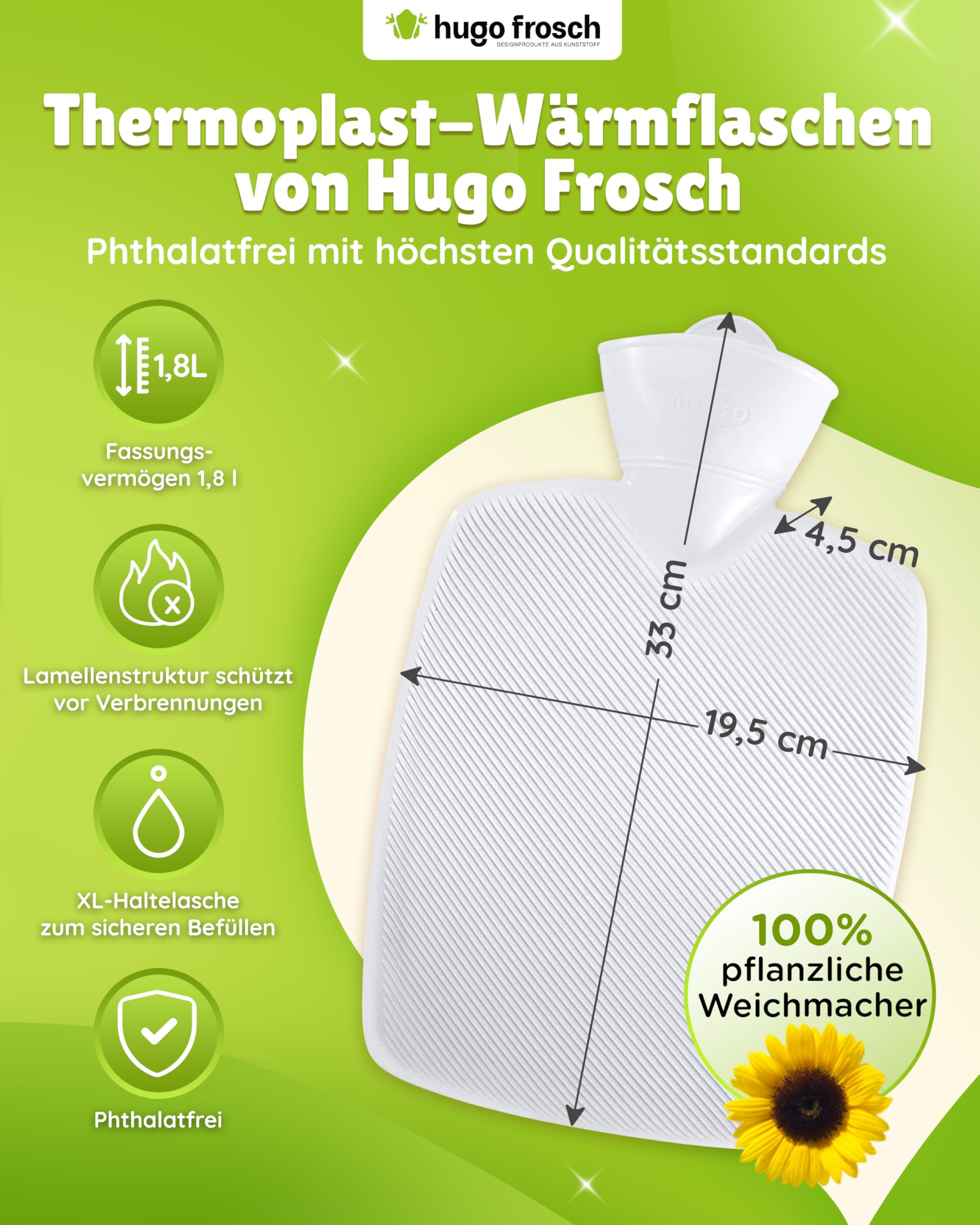 Hugo Frosch Wärmflasche Plant 1,8l – Made in Germany – mit kuscheligem Strickbezug Blau aus Bio-Baumwolle – große, auslaufsichere Bettflasche - mit waschbarem Bezug
