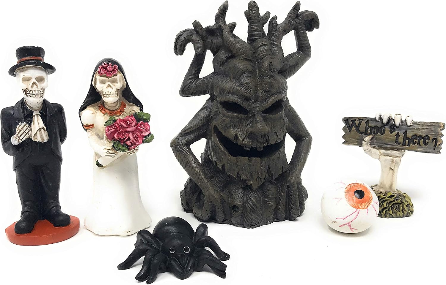 Halloween Fairy Garden Haunted House Characters Figurines 6 Piece Kit Set-Home Decor Party Cake Topper Dollhouse Shadow Box Craft DIY Bride Groom Skeleton Spooky Tree Eyeball Spider Hand Multicolor