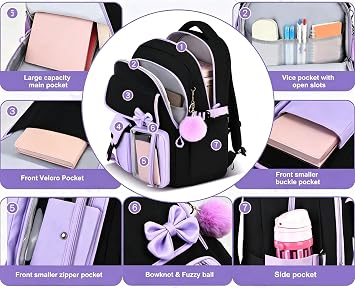 JiaYou Little Girls' School Students Book Bag Outdoor Daypack Backpack with USB Charging Port (Black Blue, 23 Liters)