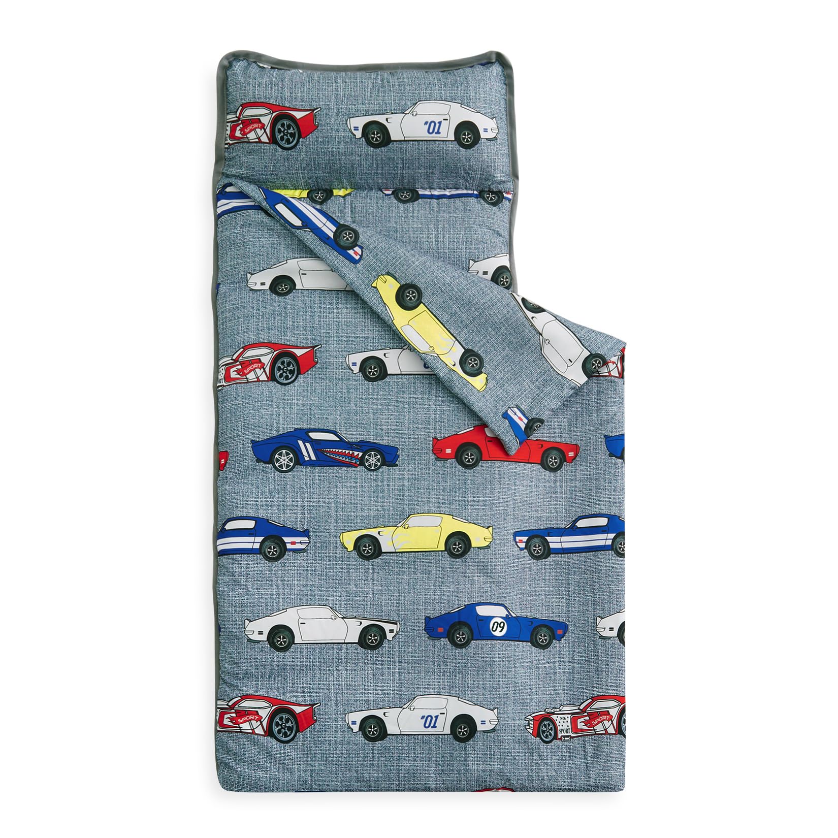 Wake In Cloud - Toddler Nap Mat with Pillow and Blanket, for Kids Boys Ages 3 Plus in Kindergarten Daycare Preschool, Roll Up Sleeping Bag, Race Cars Vehicles