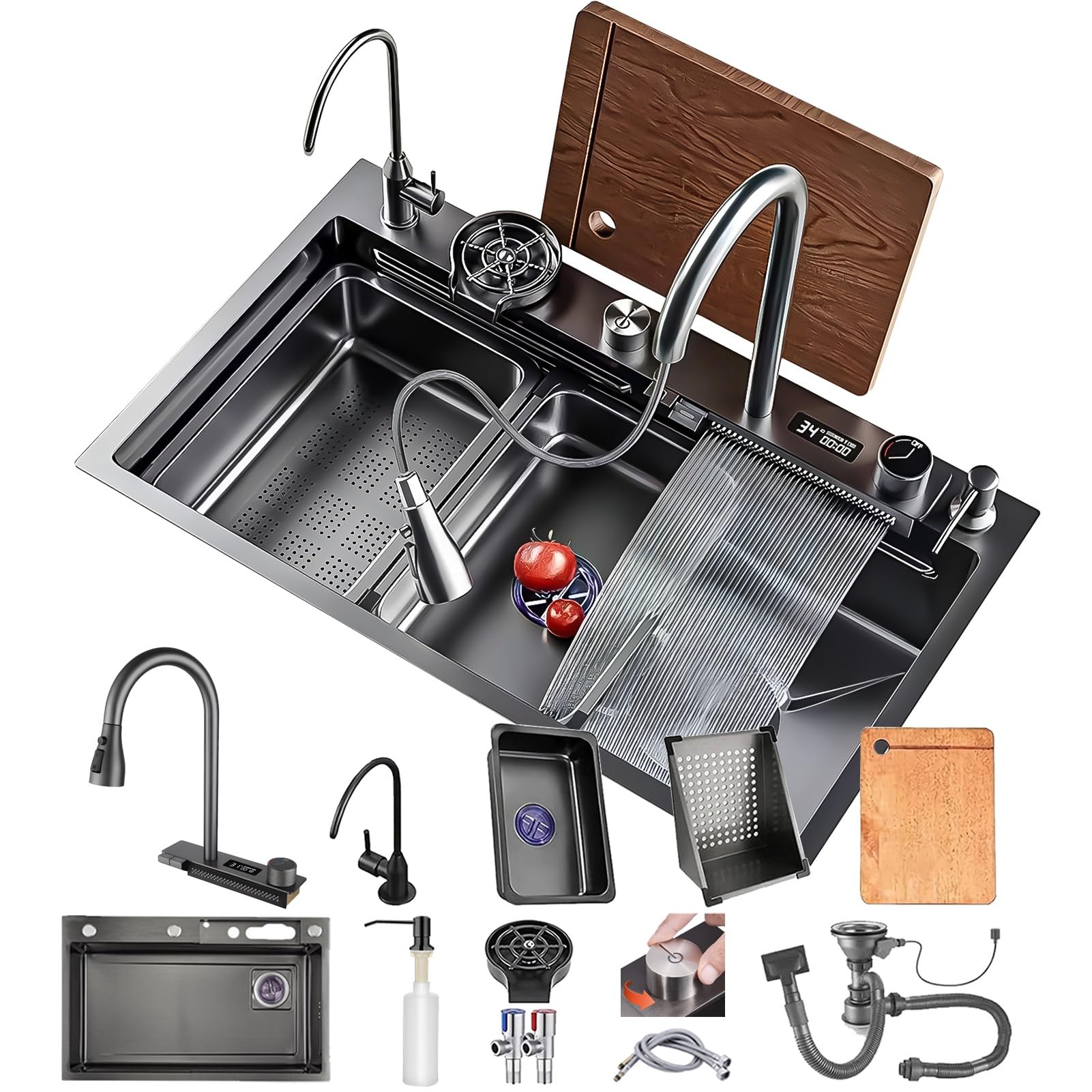 ZQFHSX 80x45cm Kitchen Sink Black with Waterfall, Stainless Steel Single Bowl LED Waterfall Tap for Workplace, Mobile Cutting Board and Drain Set Sink, Modern Multifunctional
