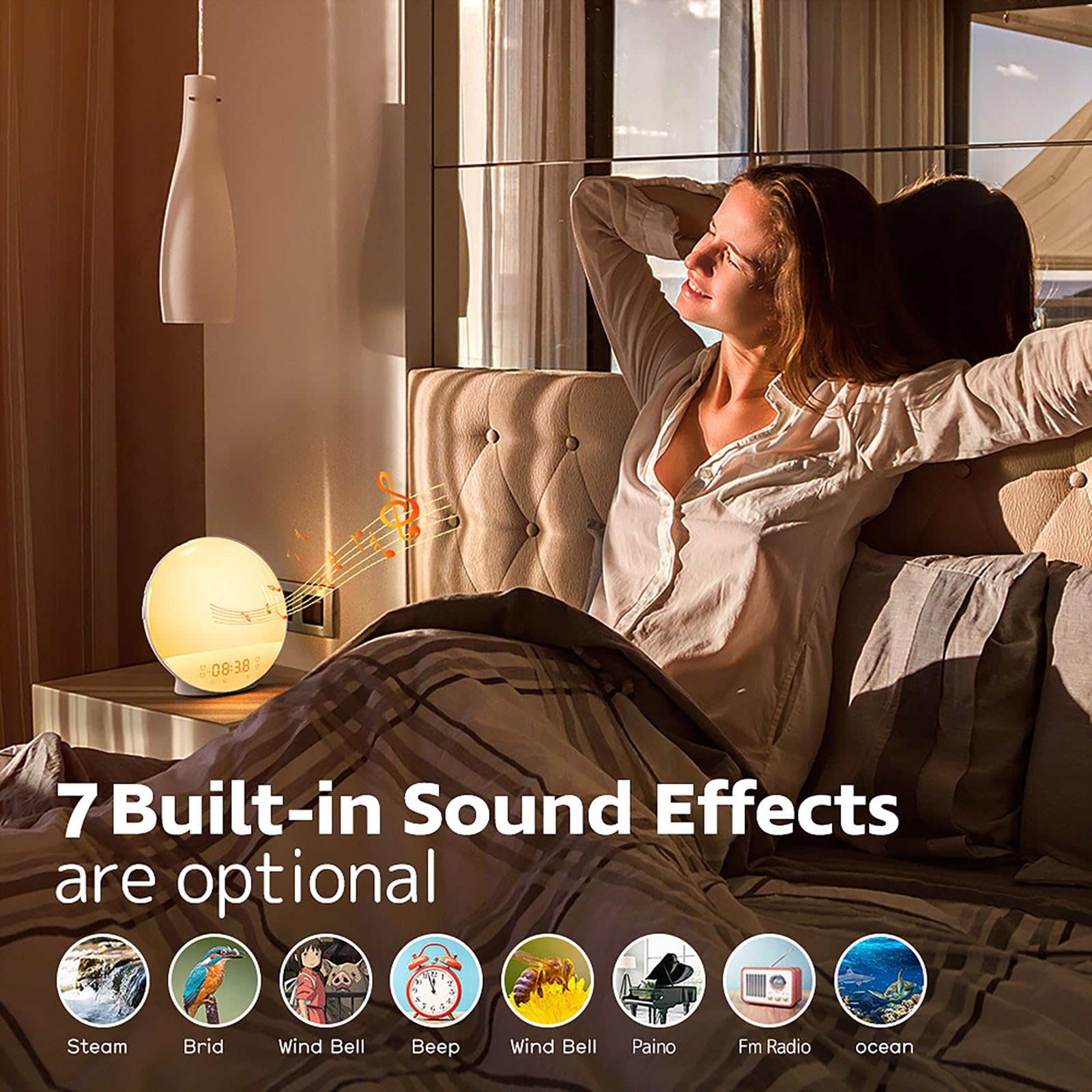 Sveglia Wake Up Light Sunrise, Luce D'atmosfera con 7 Colori Cangianti E Suoni Naturali, Generatore Di Rumore Bianco per Camera Da Letto, Funzione Snooze