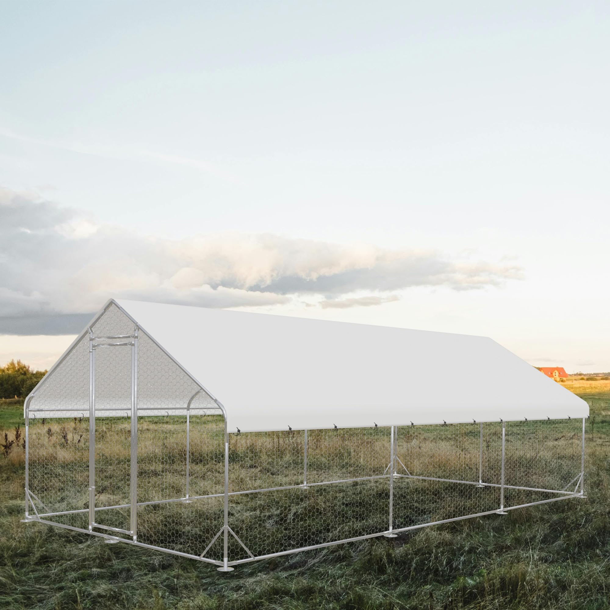 Outdoor Metal Chicken Coop,Metal Chicken Coop with Run,Walk-in Poultry Cage Spire-Shaped Chicken Run with Waterproof and Anti-Ultraviolet Cover for Outside,Backyard and Farm,19.6'x9.8'x6.4'