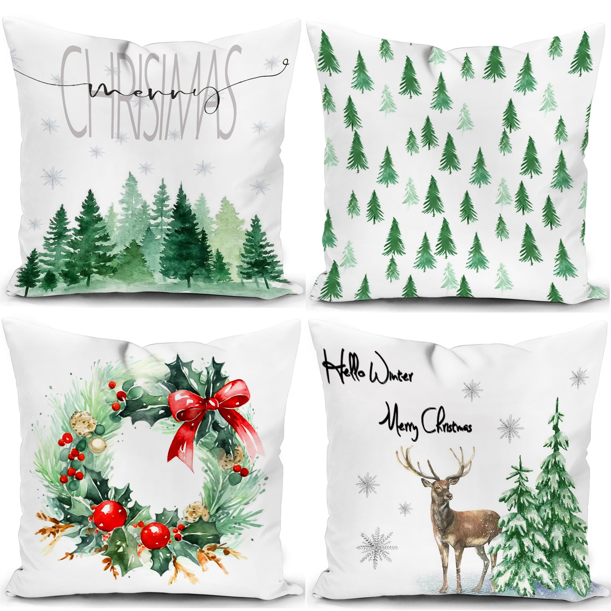 Kunqian Green Christmas Cushion Covers Xmas Decorations Tree Winter Throw Pillow Cover Set Of 4 Christmas Decor For Sofa Living Room Home 18X18 Inch 45X45cm