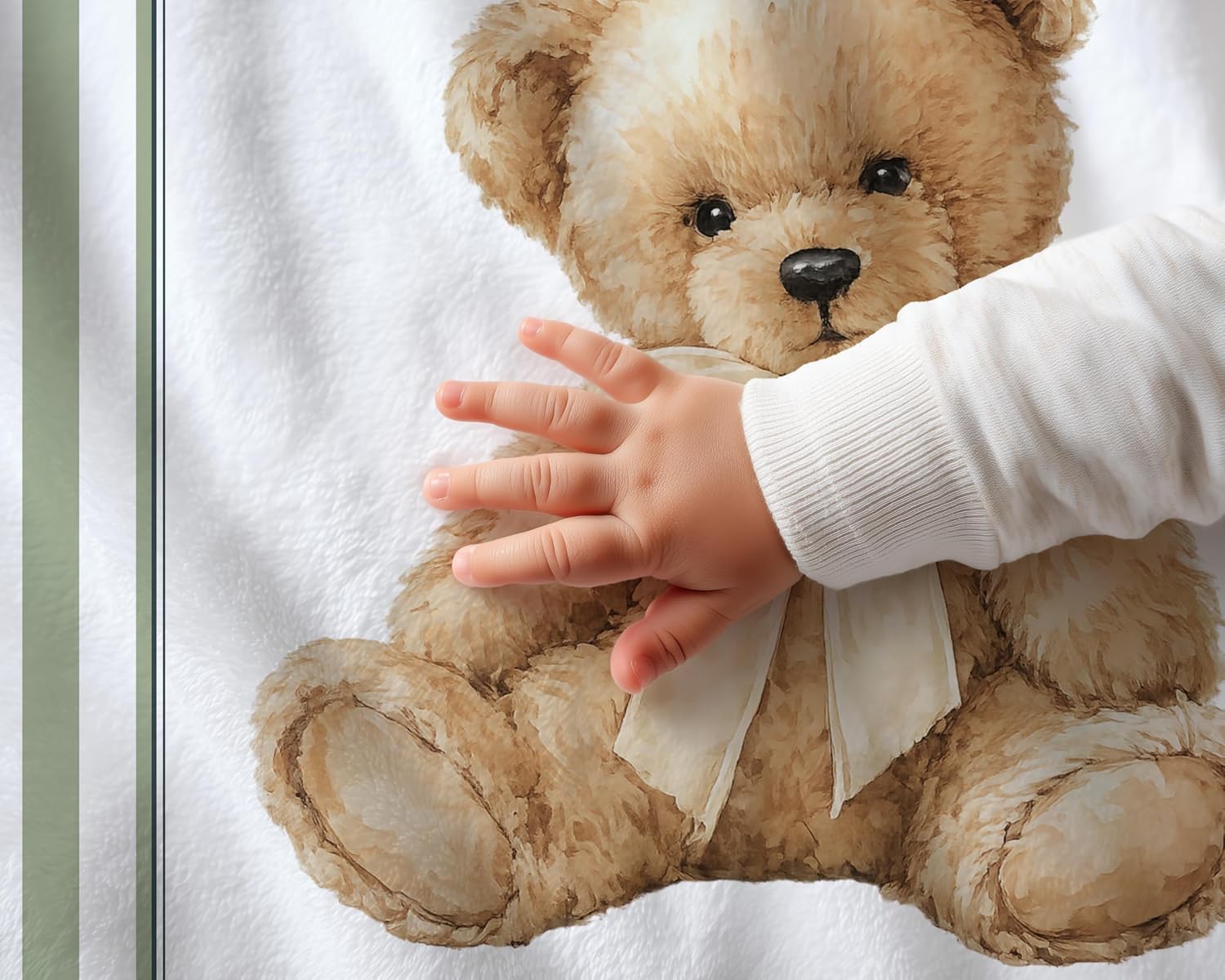 Custom Teddy Bear Baby Blanket with Name – Neutral Bear Nursery Decor, Soft Minky Sage Green Newborn Blanket, Plush Striped Toddler Blanket, for Boy (50"x60")