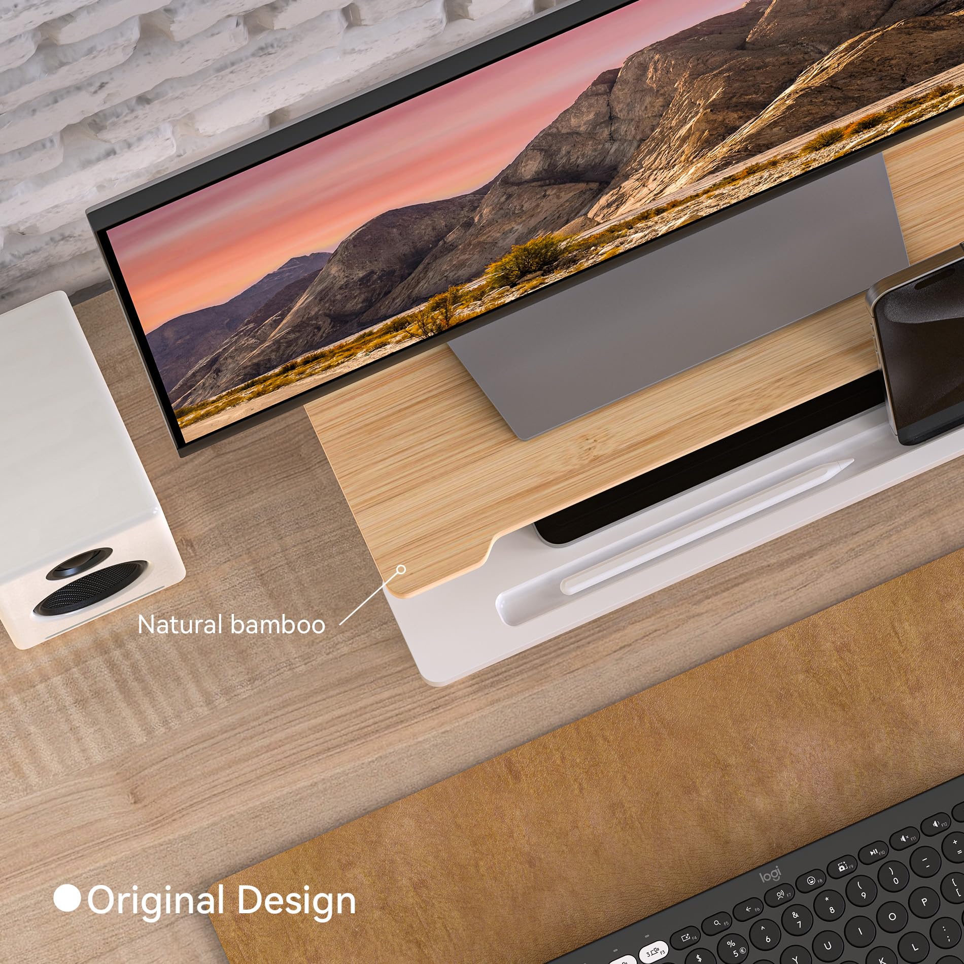 WELL WENG Supporto per monitor da scrivania in legno con organizer e supporto per smartphone e tablet (42 cm, bianco e bambù naturale)
