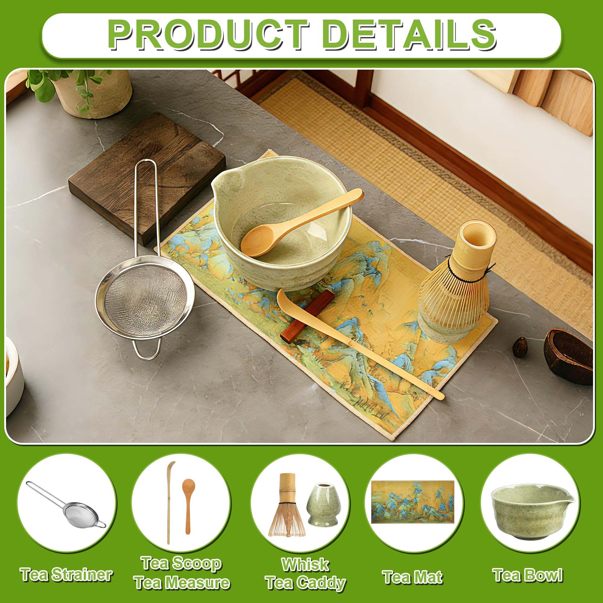 Matcha Set,7 Piece Matcha Besen Set, Matcha Tea Set Matcha Besen, Matcha Schale mit Ausgießer (Chawan), Sieb, Schaufel, Tea Set,Teetuchunterlage,für Teeliebhaber und Teezeremonie-Anfänger