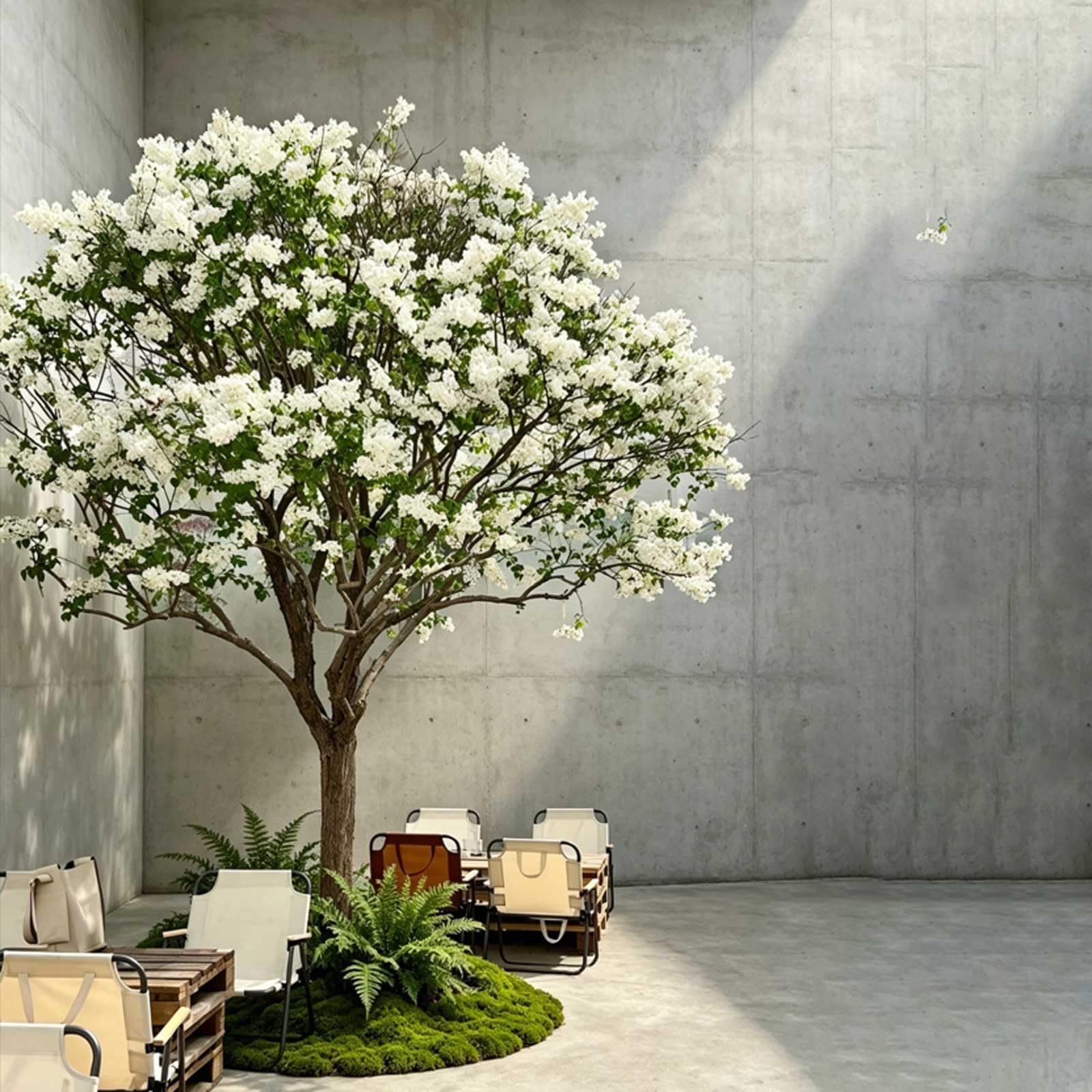 KIBONCY Single Trunk Artificial White Fringe Tree, Full Bloom April Snow Faux with Base, Large Freestanding Floor Simulation Plant for Minimalist Cafe, Gallery & Wedding Scene Decor(4x3m)