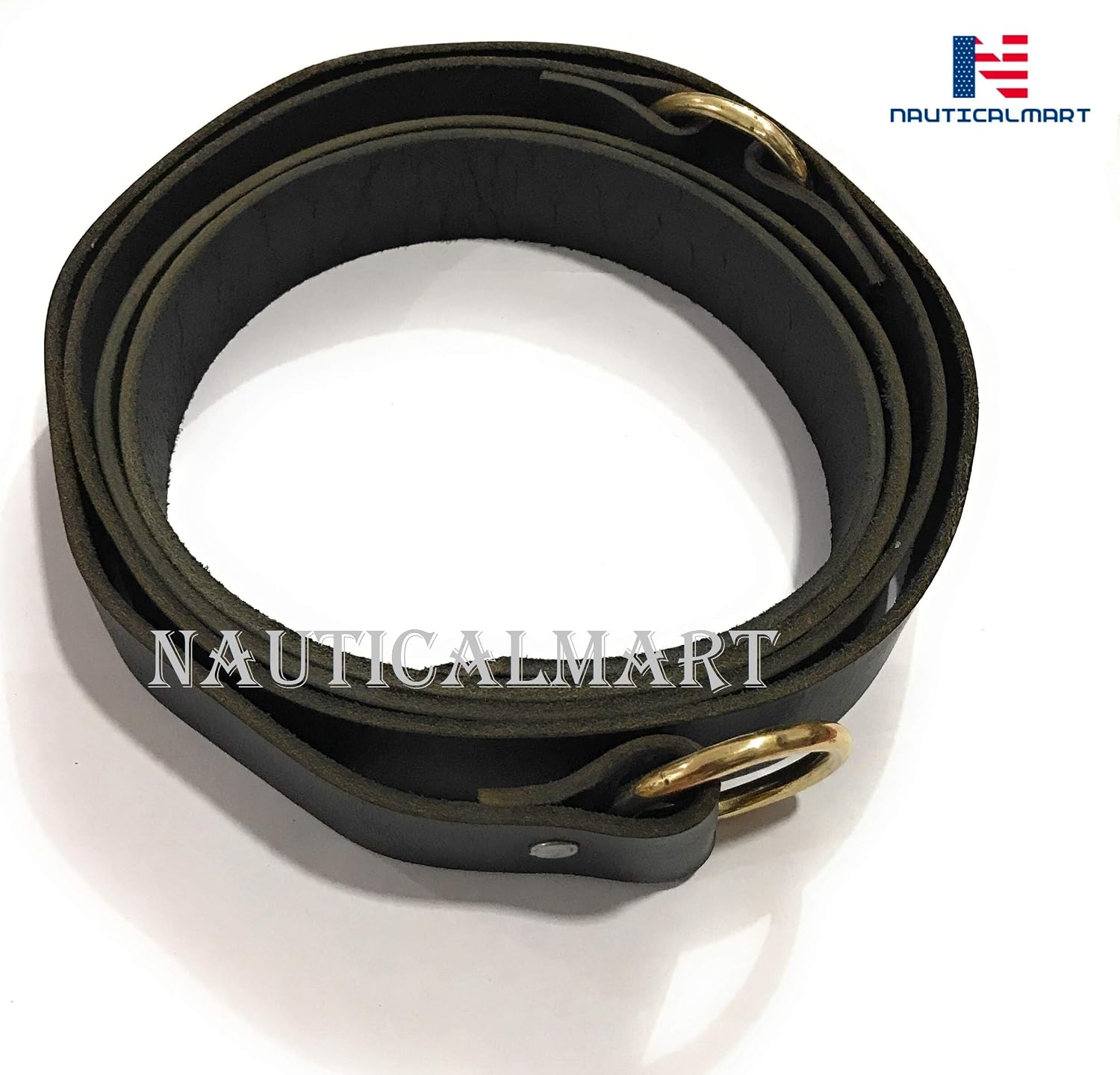 NauticalMart Leather Belt Classic Medieval Ring Belt with Brass Ring 84" Long Leather Belt Black Viking Retro Ring Belt Renaissance Accessory Ren Faire Belt Cosplay