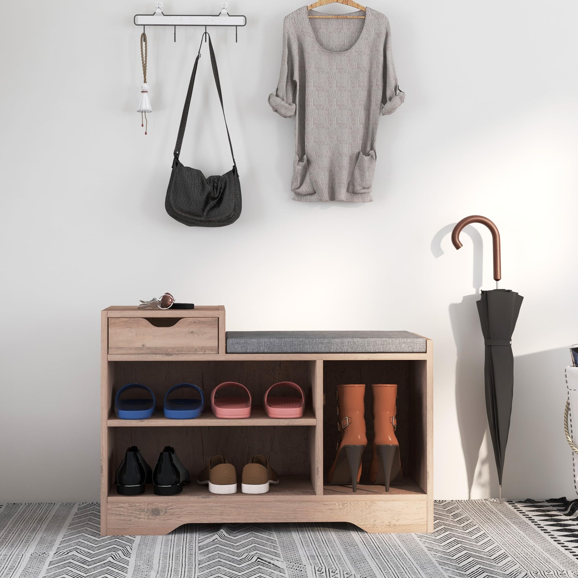 HOMCOM Panca Scarpiera Moderna con 3 Ripiani Aperti, 76.5x30x52 cm, Grigio | Cassetti, Scarpiera Bassa, Truciolato, Poliestere e Spugna