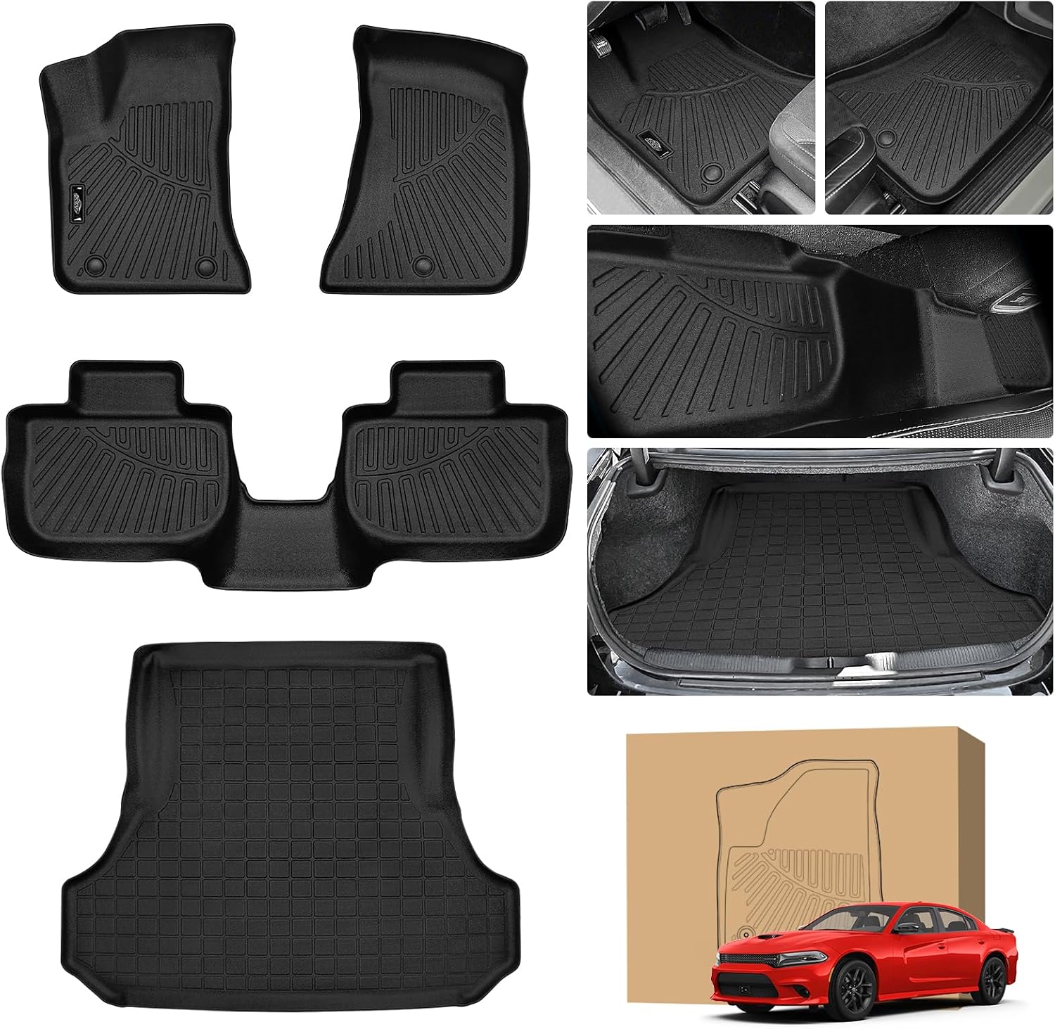 Peleus Floor Mats for Dodge Charger RWD 2011-2023 & Chrysler 300 RWD,TPE All Weather Protection 2 Rows Car Floor Liners with Cargo Liner Dodge Charger RWD Trunk Mat+Floor Mats