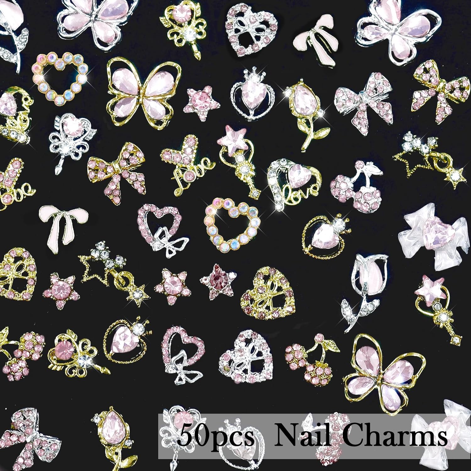 Laza 50pcs Nail Charms Y2k Alloy Nail Rhinestone Charms 3D Heart Star Butterfly Nail Gems Tulips Cherry Pink Bow Jewelry Crystal Shiny Rhinestones Nail Decoration Accessories for Nail Design - Image 2
