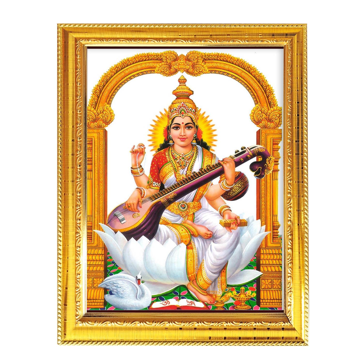 Fashnkart Maa Saraswati Religious Indian Hindu God Idol Golden Photo Frame For Worship Pooja Temple Wall Hanging And Table Décor 8.3X6.5