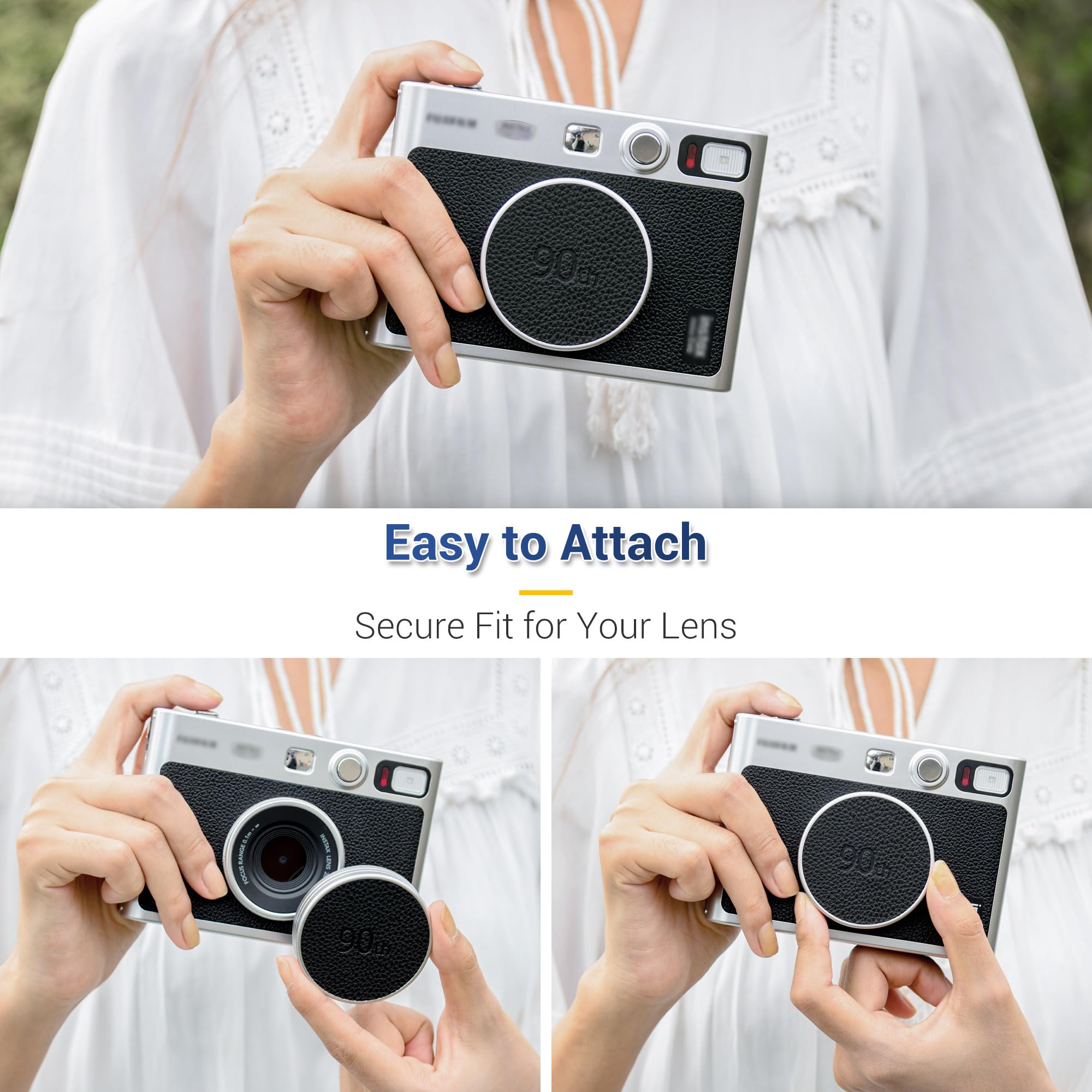 JJC Metalowa osłona obiektywu do aparatu fotograficznego Fuji Instax Mini Evo, akcesoria Mini EVO aluminiowa osłona obiektywu ze skórzaną powierzchnią i miękką stroną wewnętrzną z tworzywa EVA, czarna