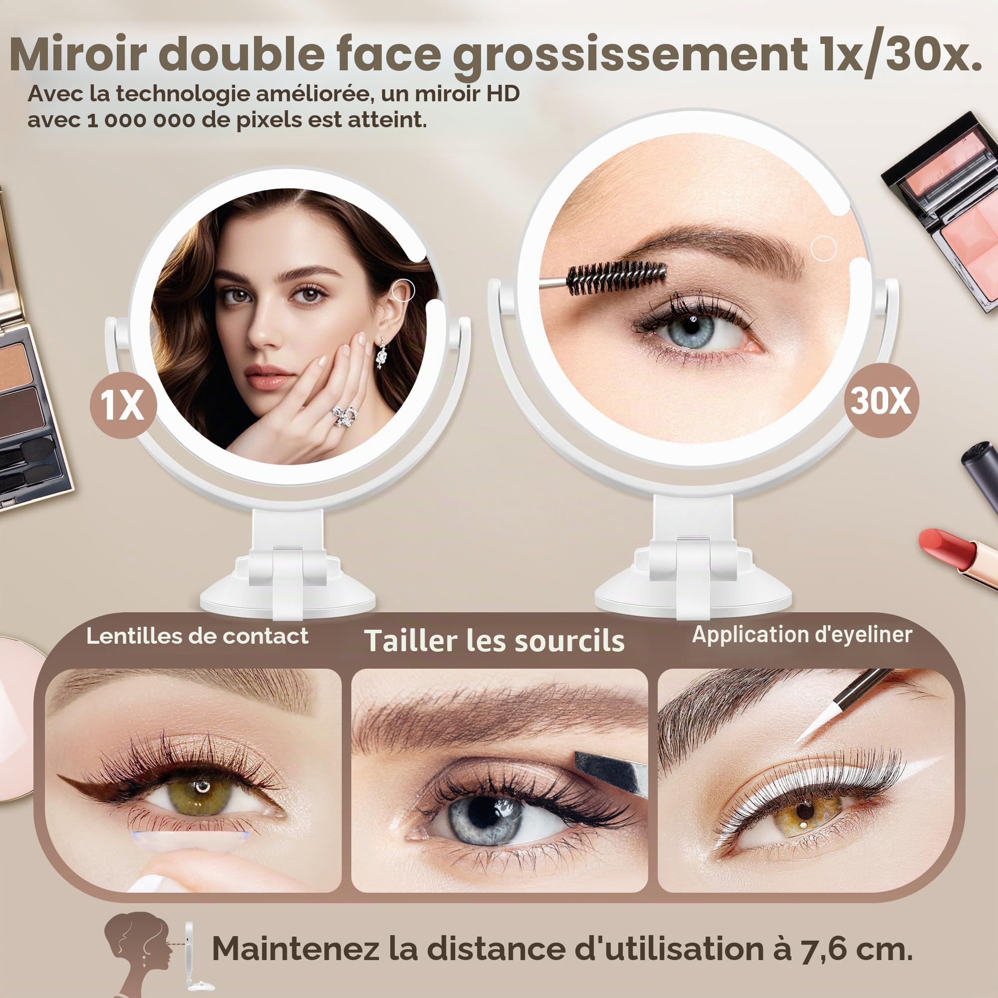 MOMOKUBA Miroir grossissant avec ventouse, double face avec éclairage, 3 modes, 30 compartiments