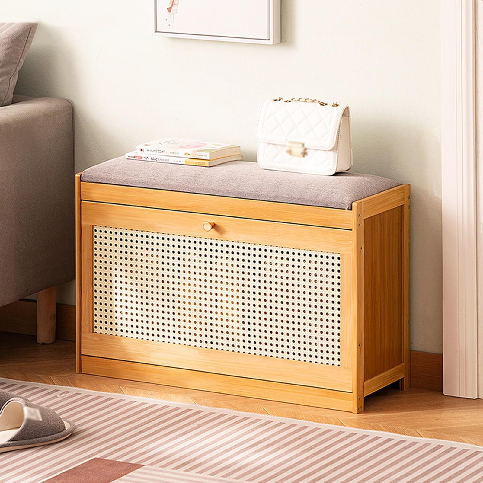 MSHGSKU Shoe Storage Bench with Cushioned Seat – Wooden Entryway & Comfortable Seating Solution for Living Room Hallway & Entryway