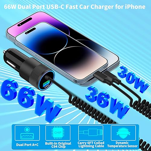 Miniatura 5 de Apple MFi Certified iPhone Car Charger Fast Charging, Braveridge 4.8A USB Power Cigarette Lighter Car Carplay Charger Adapter with 6FT Coiled