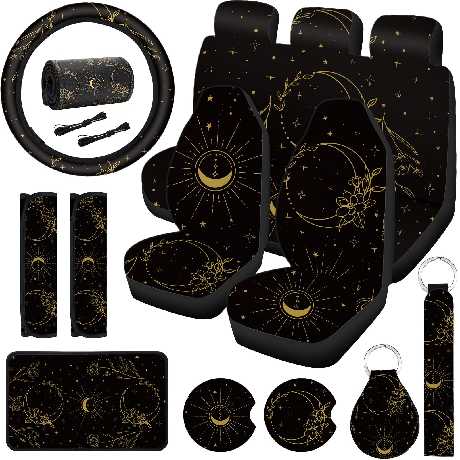 Frienda 15 Pieces Moon and Stars Car Seat Cover Full Set for Women Men Upgrade Thick Car Front Seat Covers Universal Steering Wheel Cover Separate