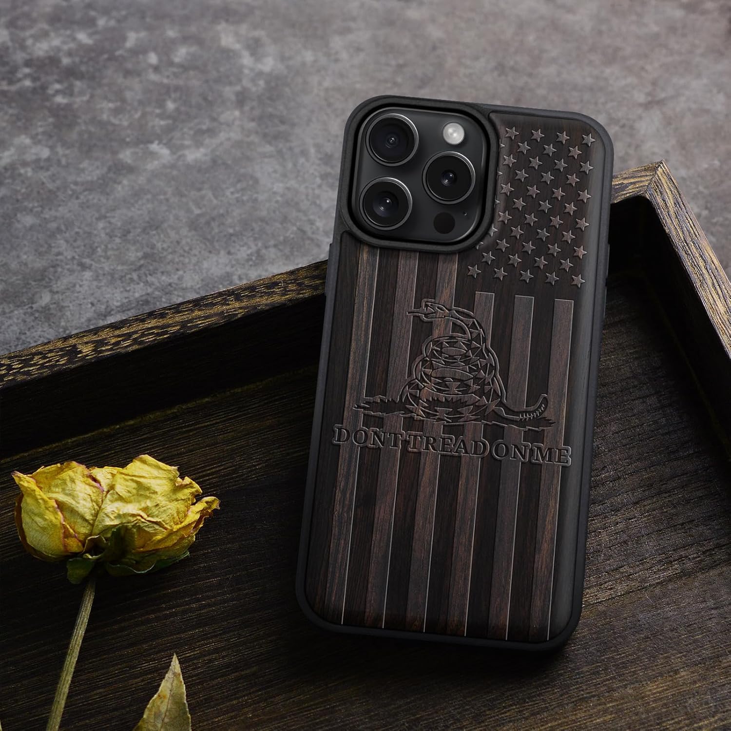 Carveit Magnetic Wooden Case for iPhone 16 Pro Case, Wood Artisan Engraved & Black Soft TPU Shockproof Cover, Compatible with MagSafe Wireless Chargers (Gadsden and American Flag) Blackwood